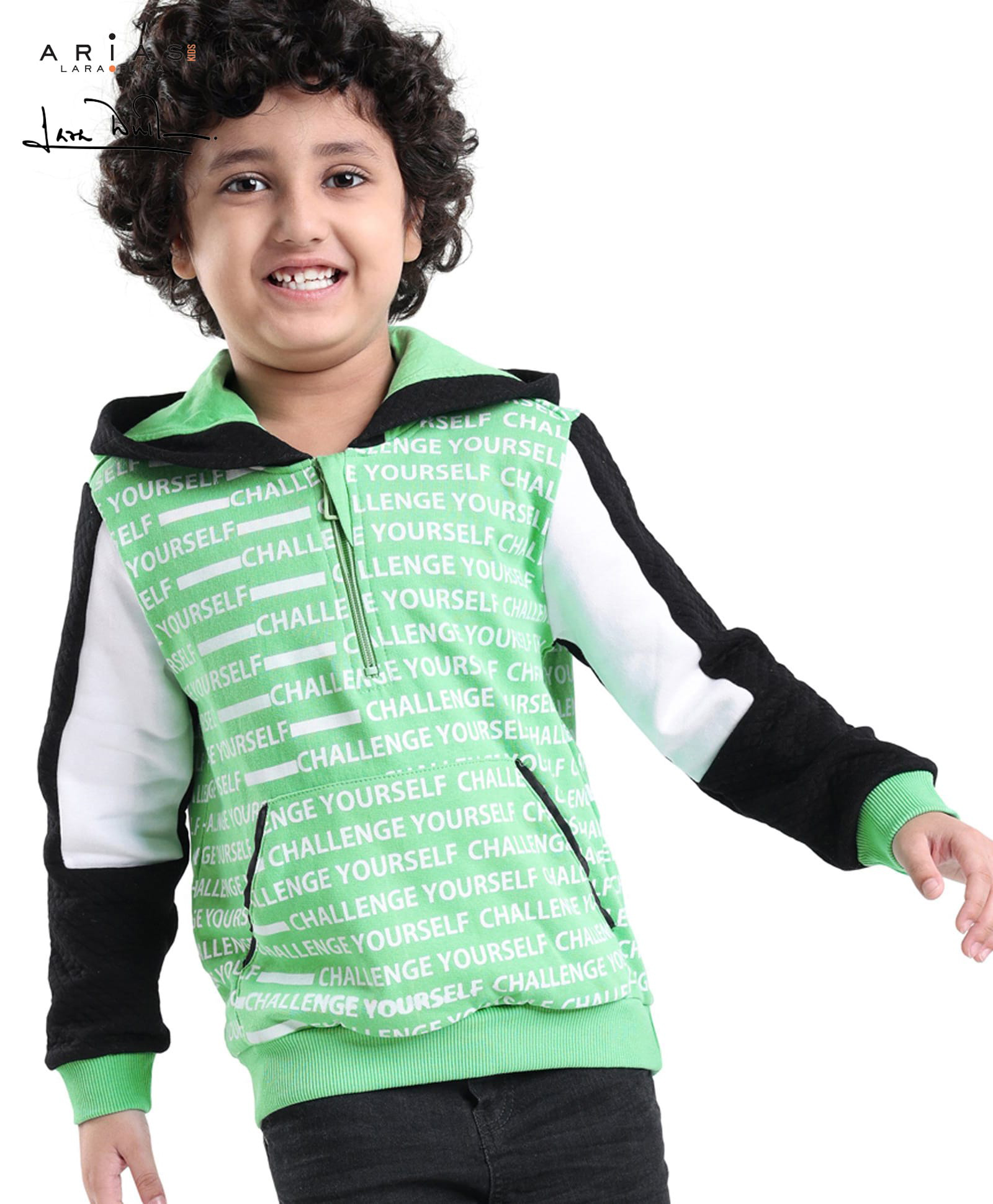 arias by lara dutta Arias Cotton Brushed Terry Full Sleeves Hooded Sweatshirt With Text Print - Green-picture-16