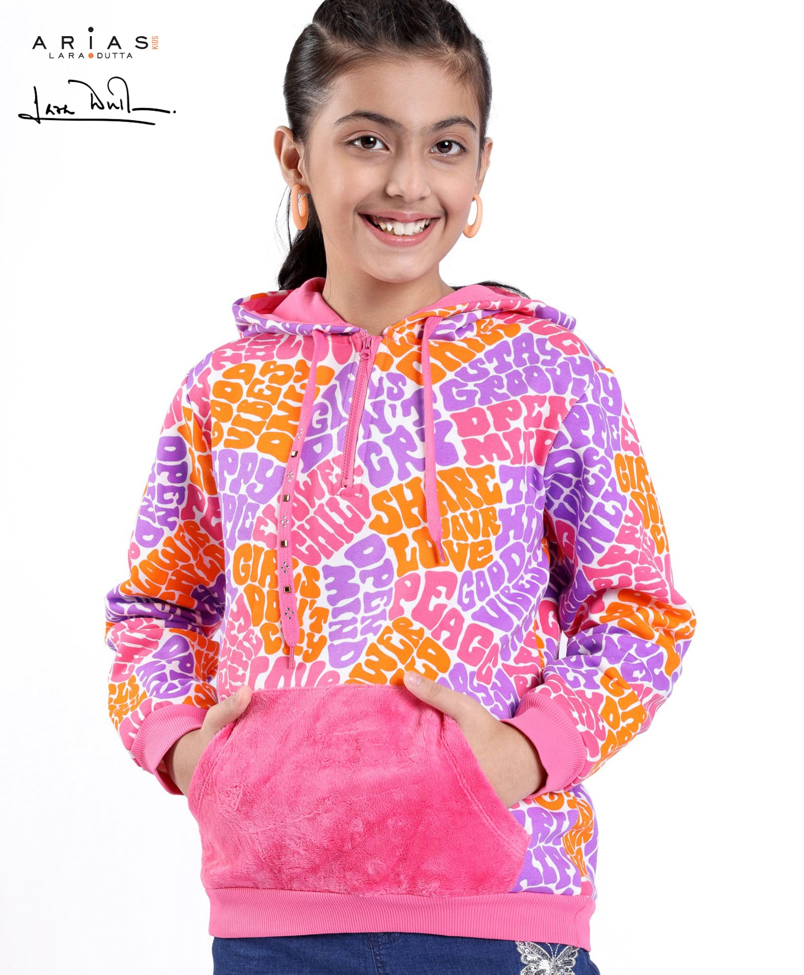 arias by lara dutta Arias Cotton Knit Full Sleeves Text Printed Sweatshirt with Hood - Pink-picture-29