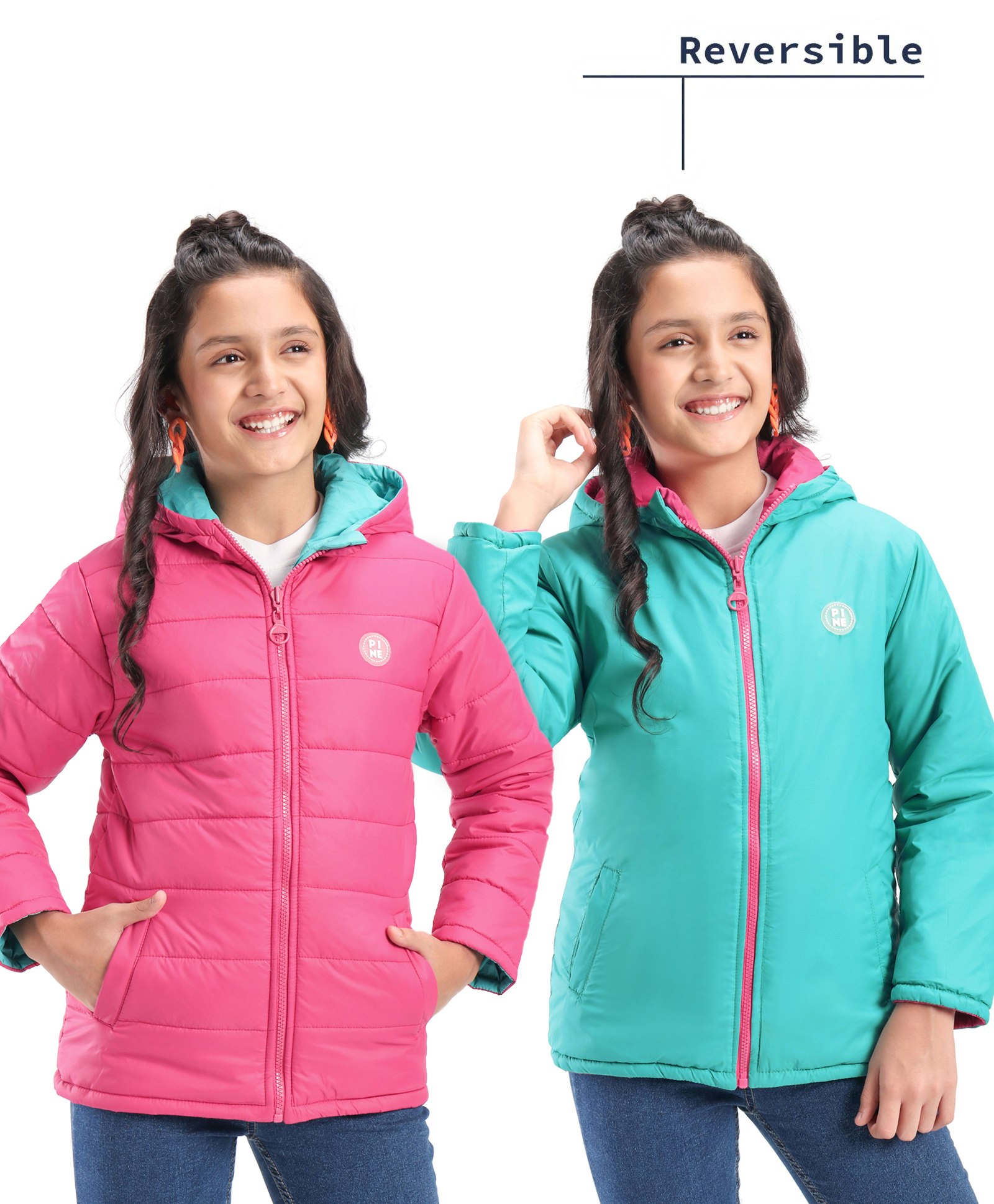 Pine Kids Full Sleeves Solid Color Reversible Medium Winter Hoded Jacket -Turquise & Dark Pink-picture-26