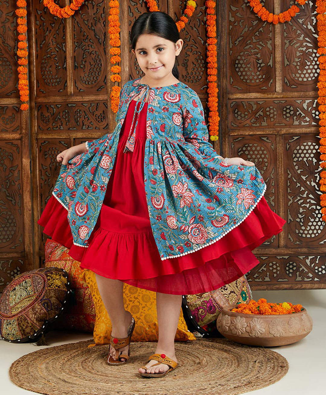 Vastramay Three Fourth Sleeves Flared Dress With Blue Kantha Work Embellished Jacket - Red & Aqua Blue-image-8