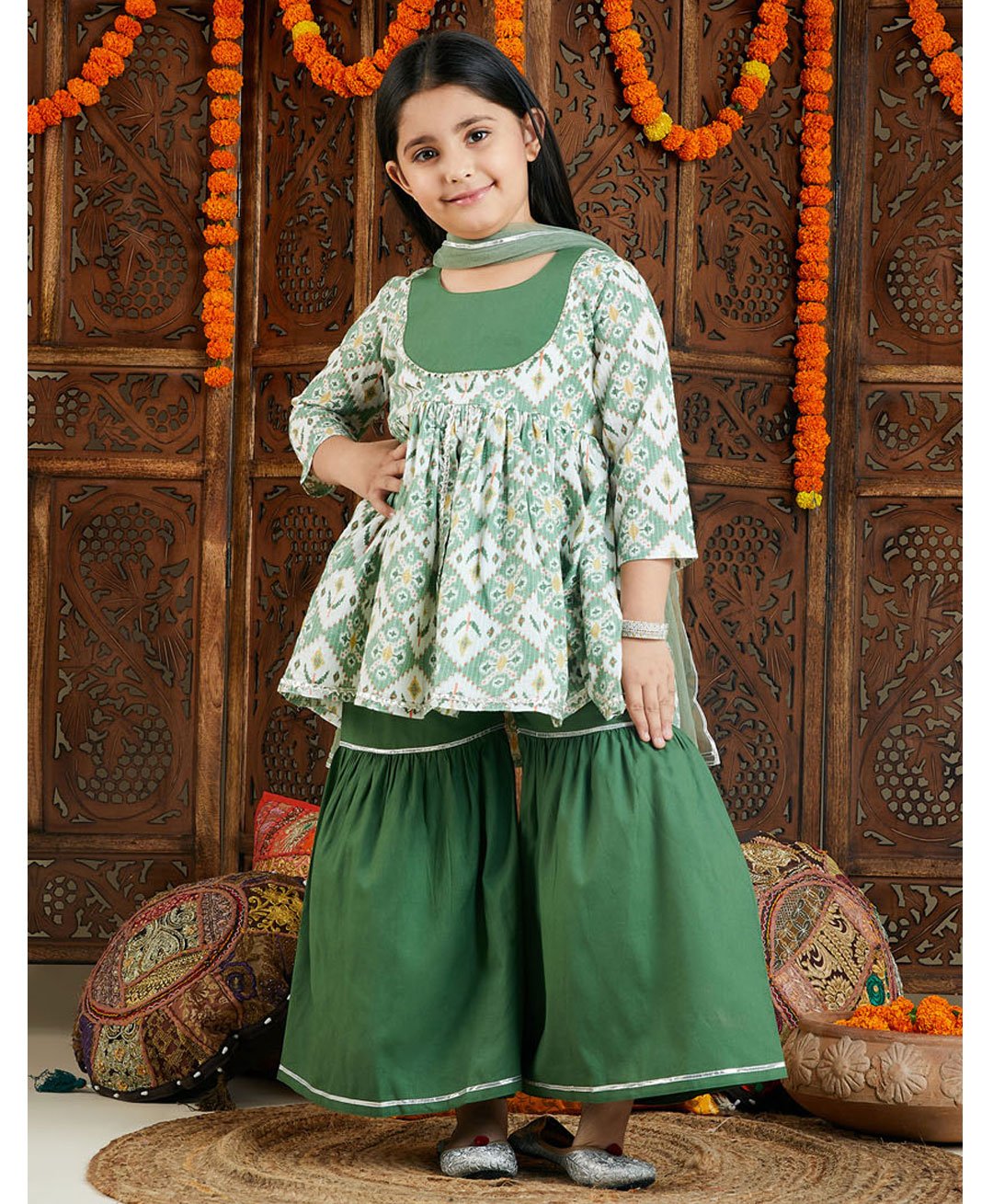 Vastramay Three Fourth Sleeves Ikat Printed Kurta With Sharara And Dupatta Set - Green-image-20