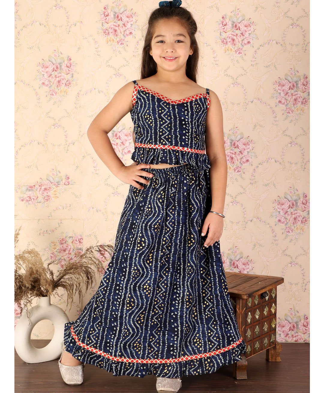 Vastramay Sleeveless Bandhej Printed Lehenga Choli Set - Blue-image-46