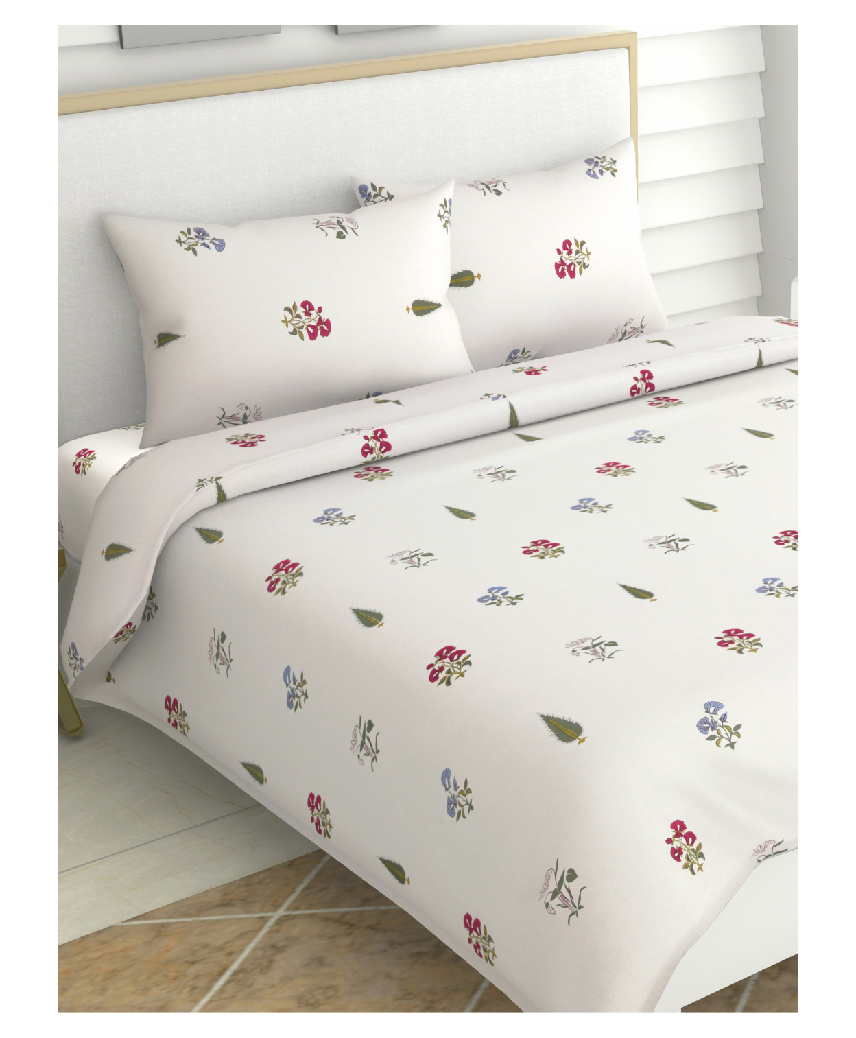haus & kinder 186 TC 100% Cotton Double Bedsheet with 2 Pillow Covers Blossoms Floral Print - White-picture-30