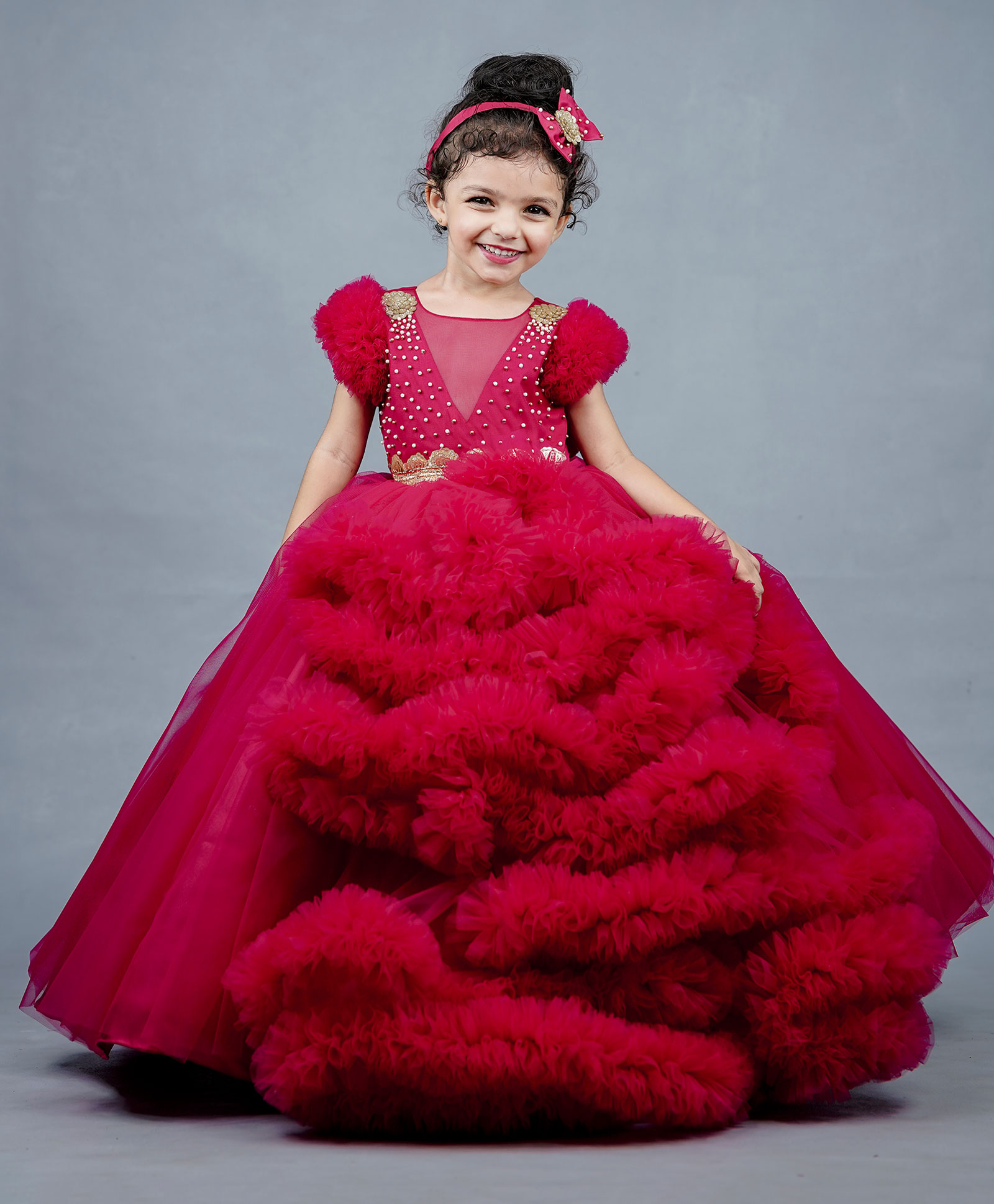 Li&Li BOUTIQUE Ruffle Sleeves Sequin & Beads Embellished Cloudy Frilled Gown - Wine Red-image-45