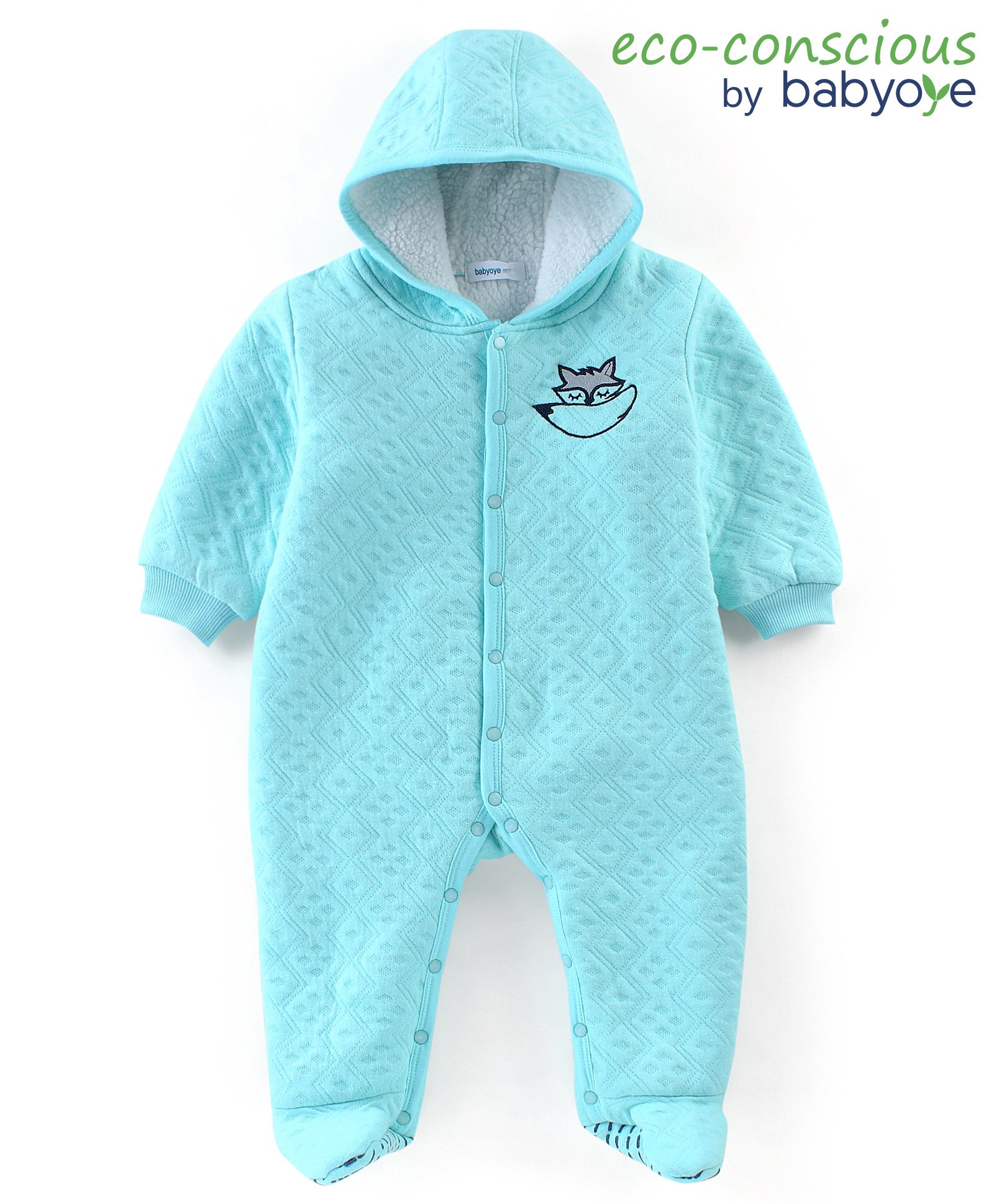 Babyoye Full Sleeves Winter Wear Hooded Night Suit With Fox Design - Light Blue-image-19