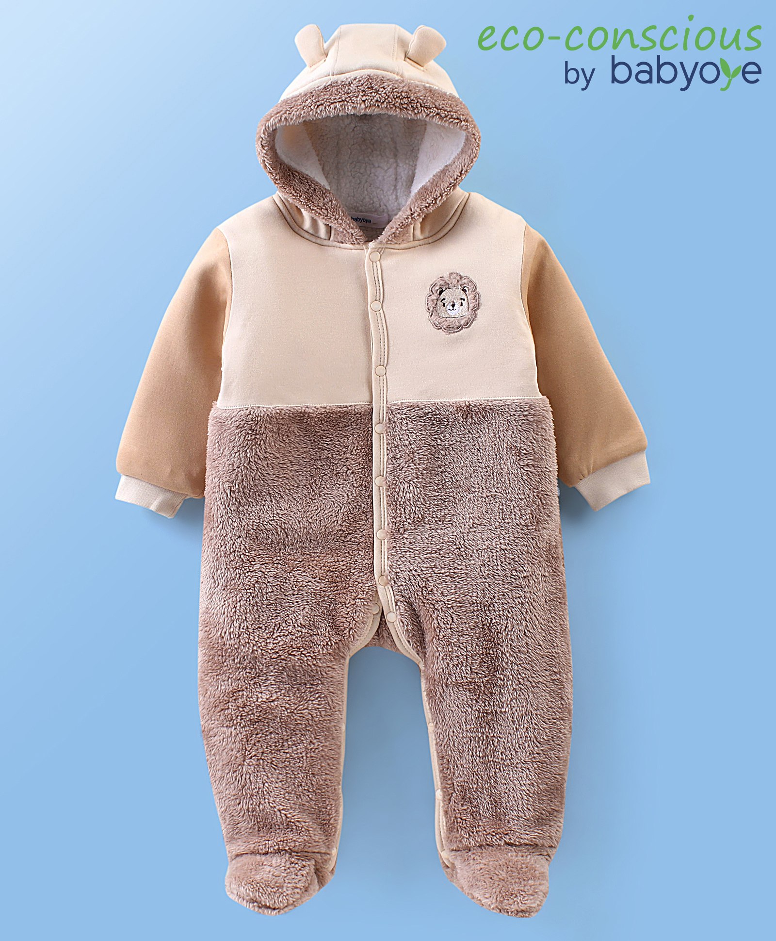 Babyoye Full Sleeves Winter Wear Hooded Night Suit With Lion Applique - Beige-image-20