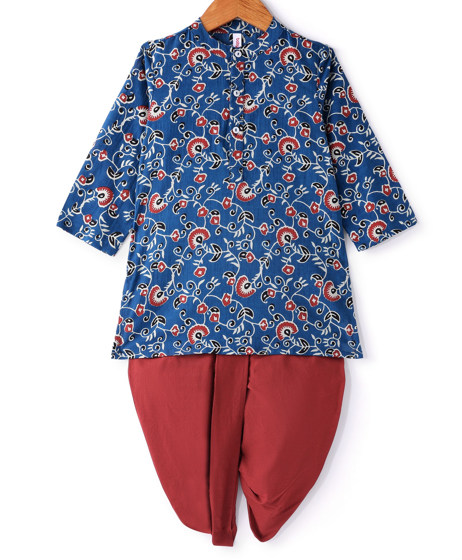 Babyhug 100% Cotton Woven Full Sleeves Floral Printed Kurta with Dhoti Set - Indigo Blue & Red-picture-27