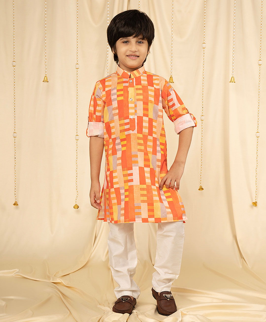 Ministitch Full Sleeves Geometric Block Printed Kurta And Pyjama Set - Orange Yellow & Cream-image-44