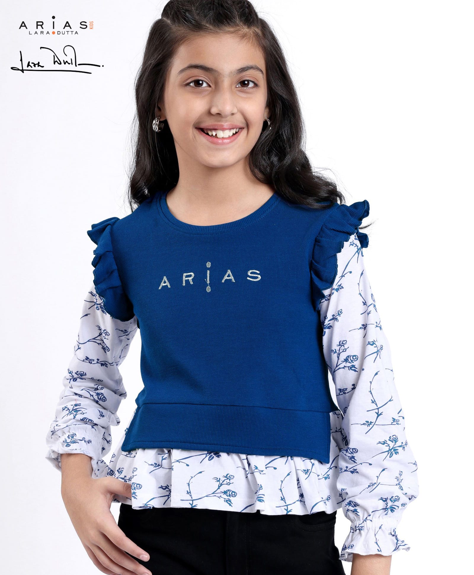 Arias Cotton Waffle Knit Full Sleeve Top with Floral Print and Embroidery - Blue-image-13