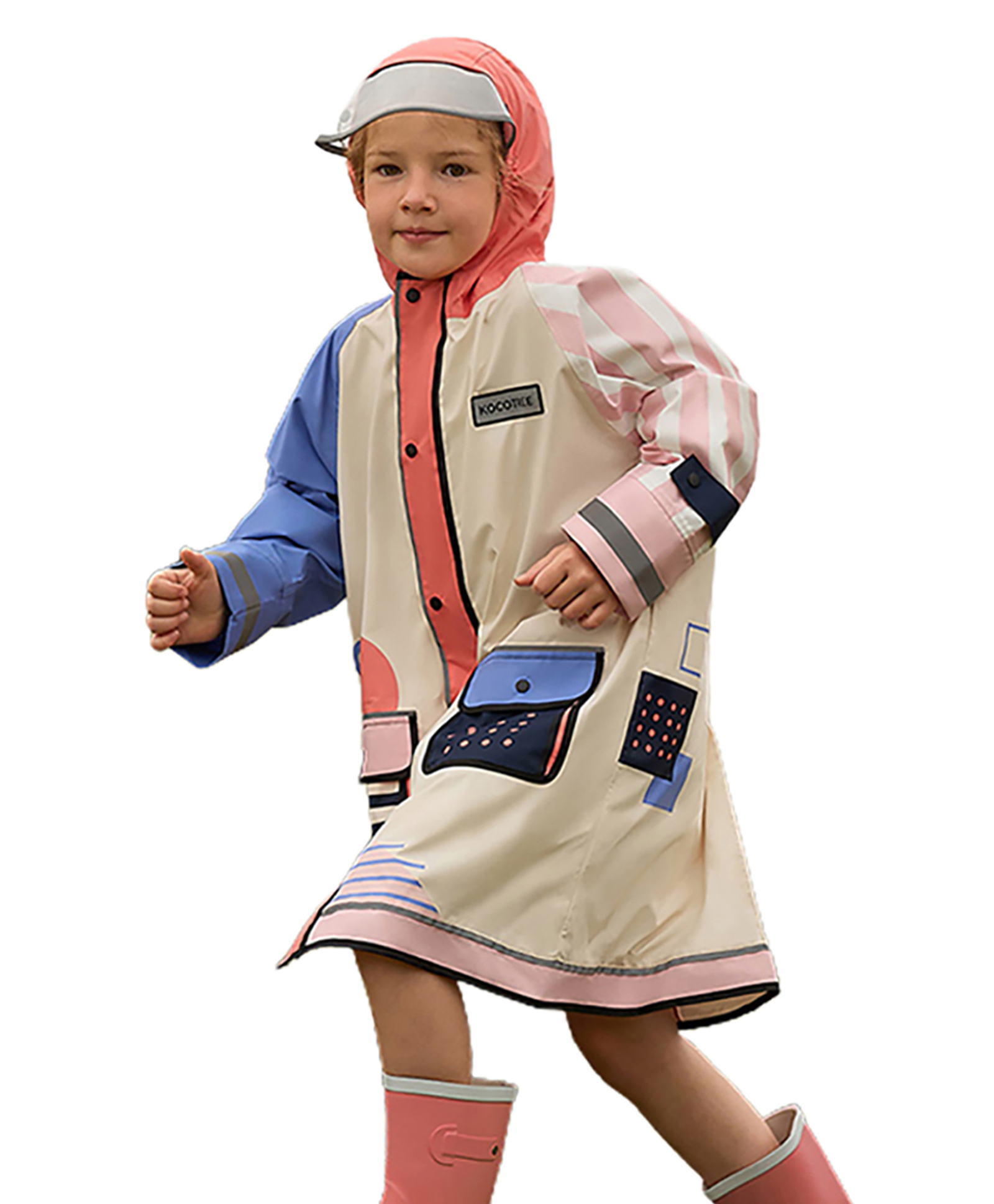 Little Surprise Box Full Sleeves  Geometric Printed & Side 2 Pocket Raincoat - Cream & Pink-image-17