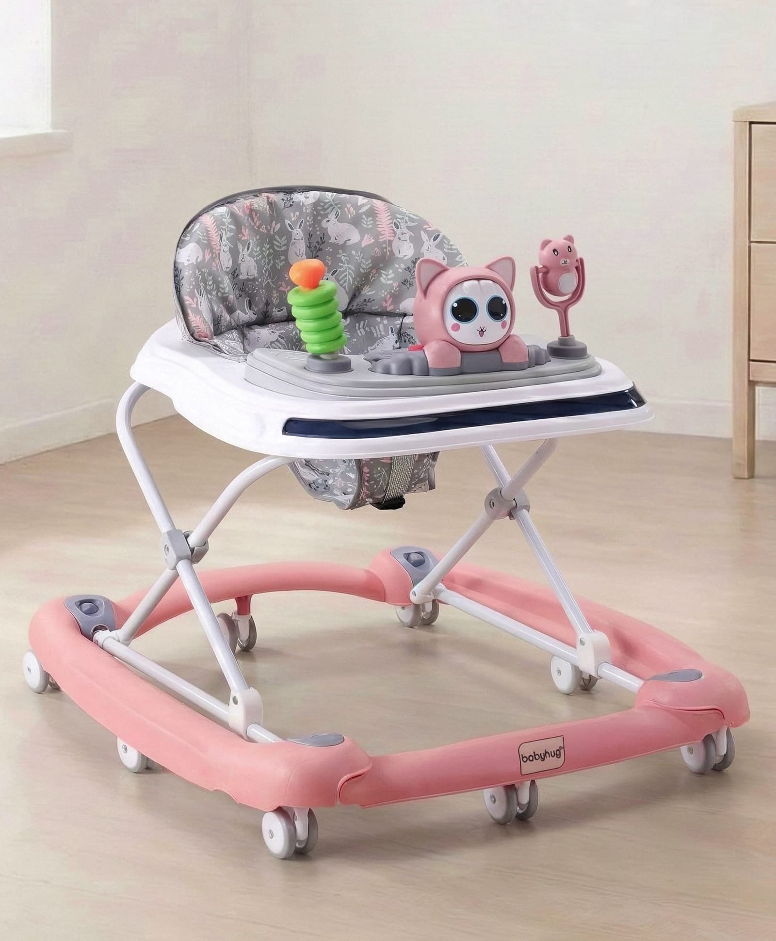 Babyhug Bunny Face 2 In 1 Walker Cum Rocker With 3 Level Adjustable Height & Musical Play Tray With Light  - Pink-image-42