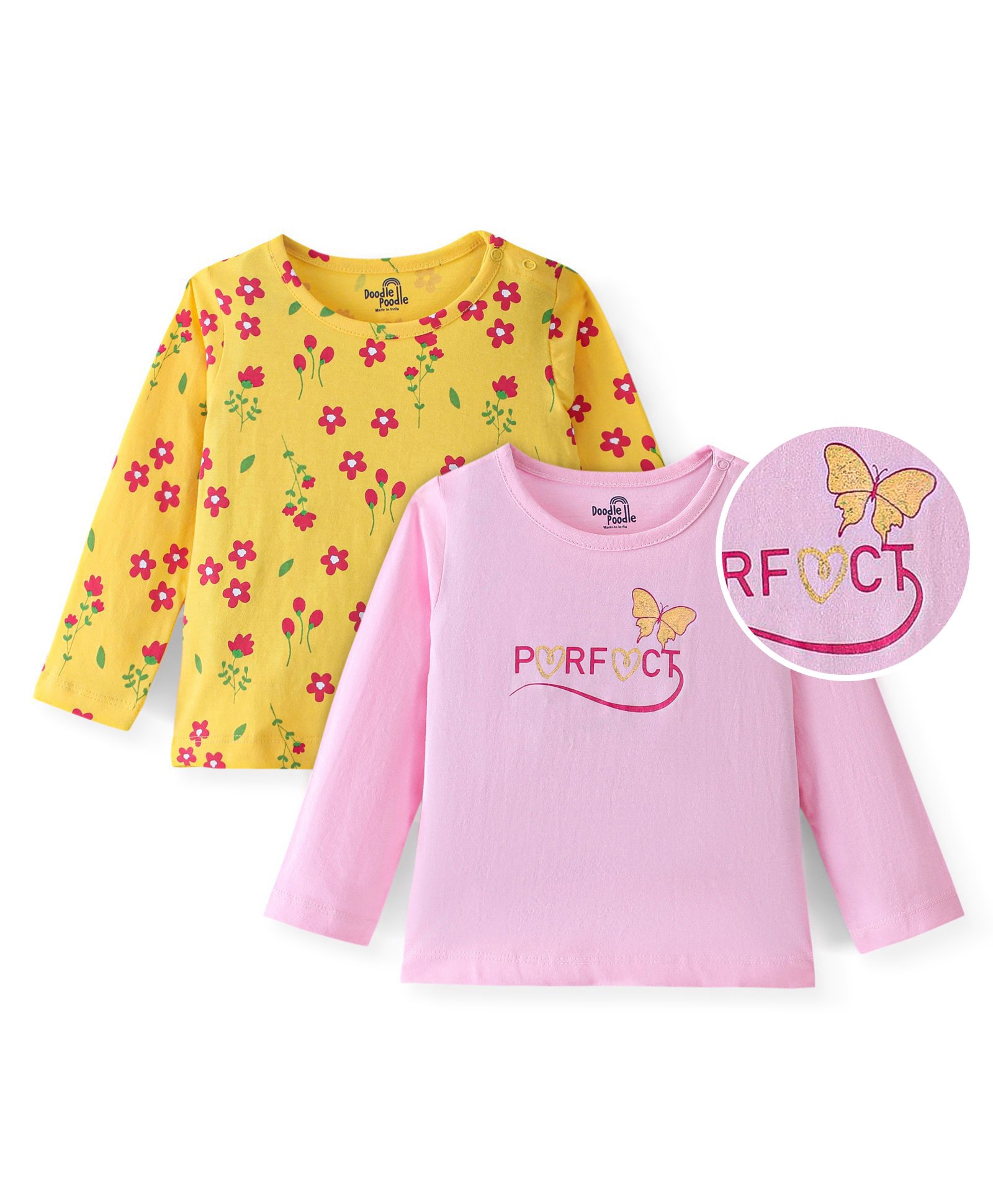 Doodle Poodle 100% Cotton Full Sleeves T-Shirts Floral Print Pack of 2- Pink & Yellow-image-20