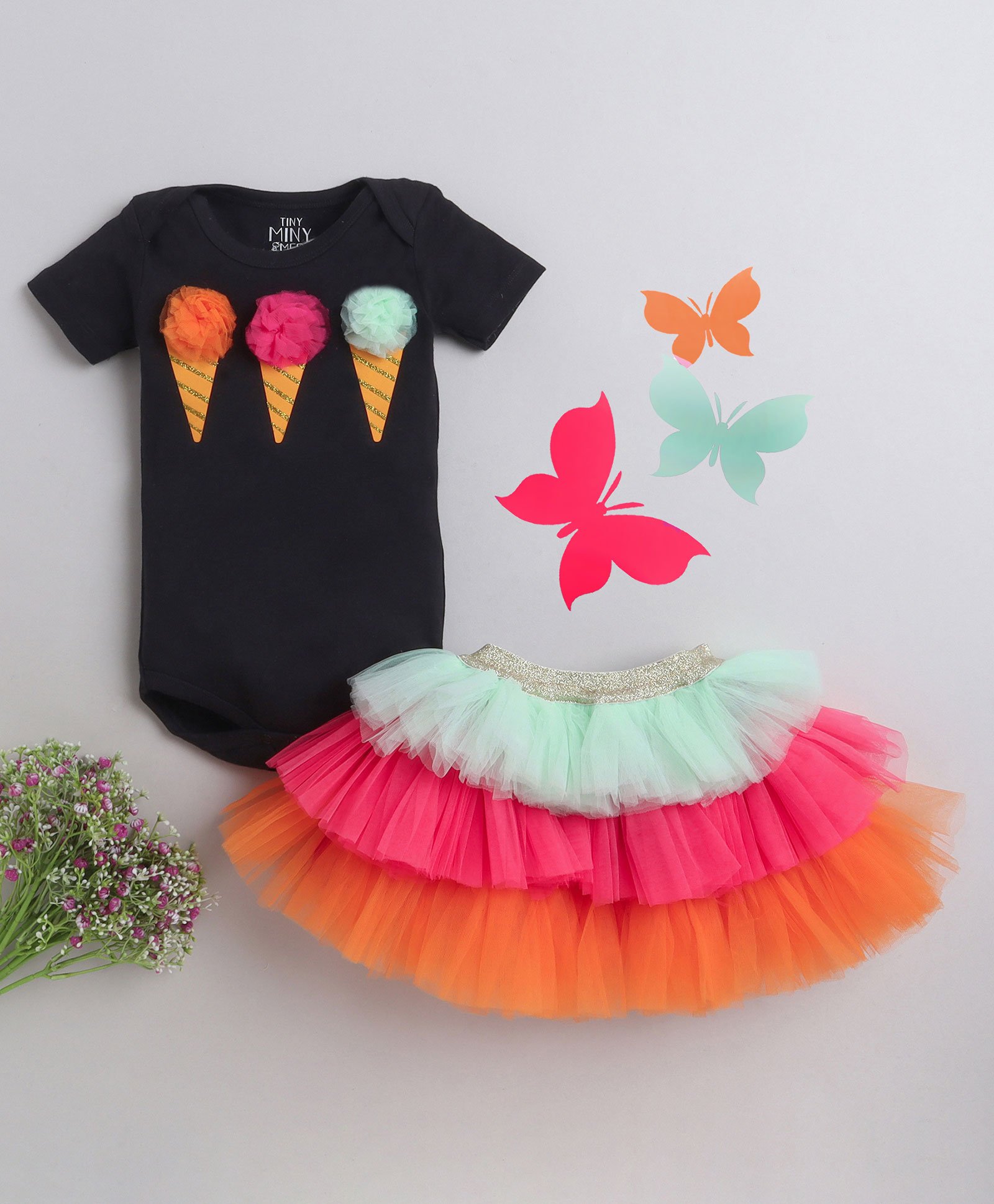 TINY MINY MEE Half Sleeves Ice Cream Cone Applique Onesie & Tutu Layered Skirt - Black-image-12