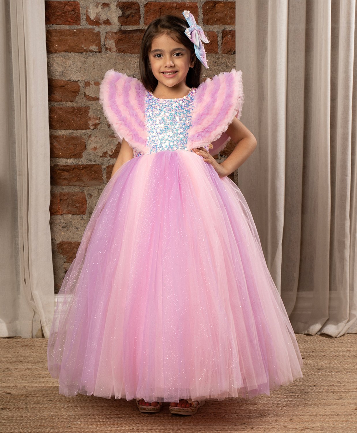 Ministitch Half Sleeves Ruffle Detailed & Sequin Embellished Fit & Flare Ball Gown - Baby Pink-picture-33