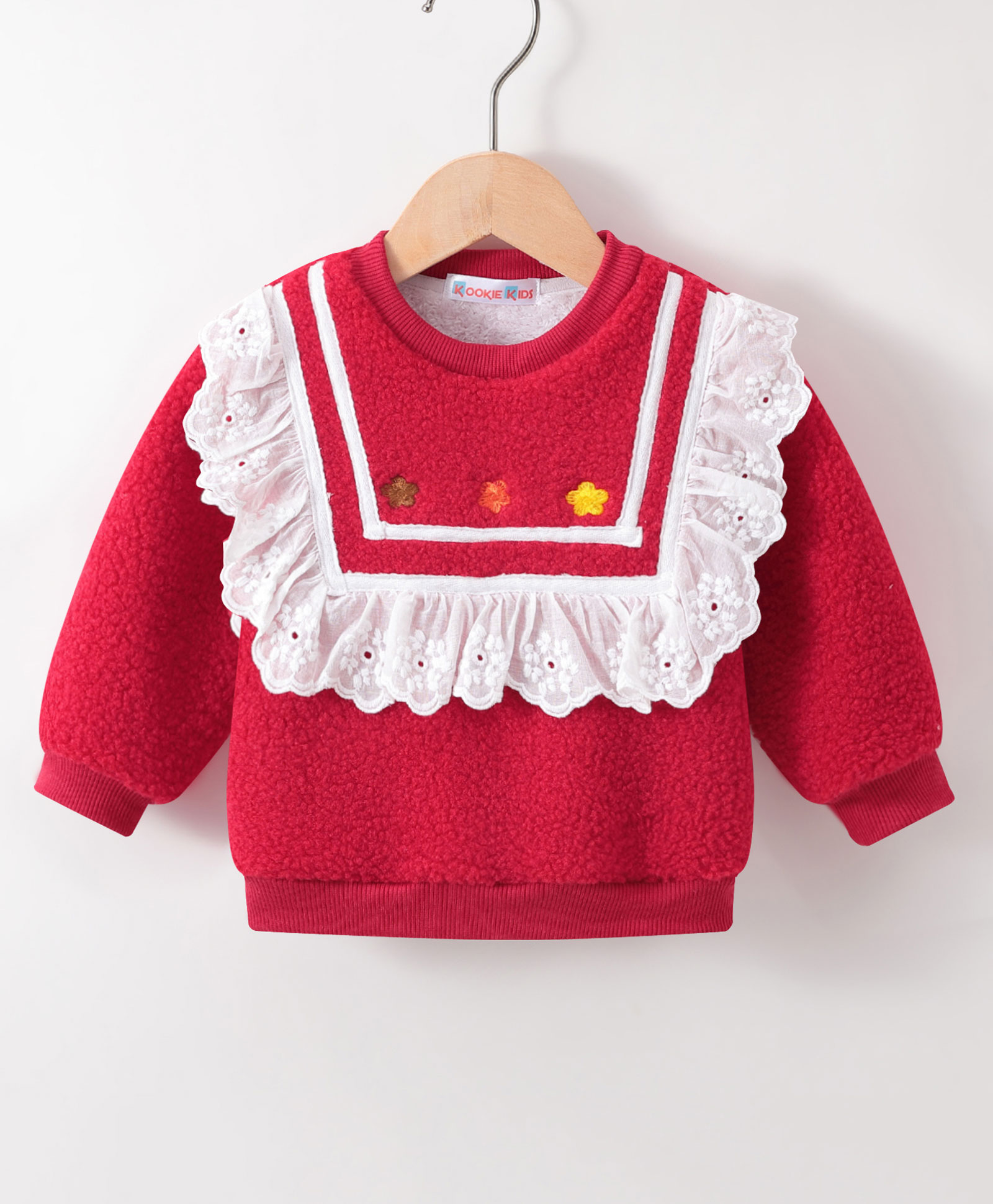 Kookie Kids Full Sleeves Sweatshirt with Lace Detailing - Red-picture-12
