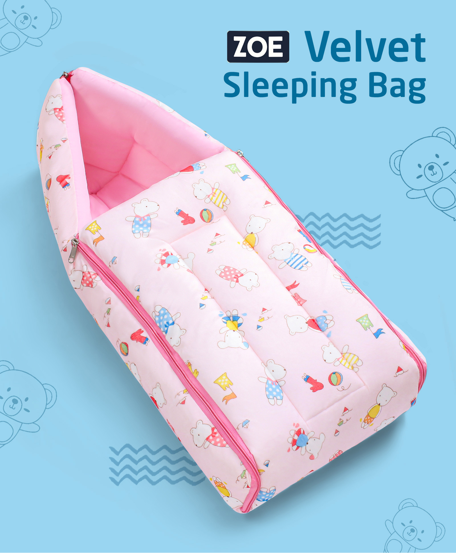 Zoe Velvet 3 in 1 Baby Carry Nest Cum Sleeping Bag Puppy Print- Pink-image-46