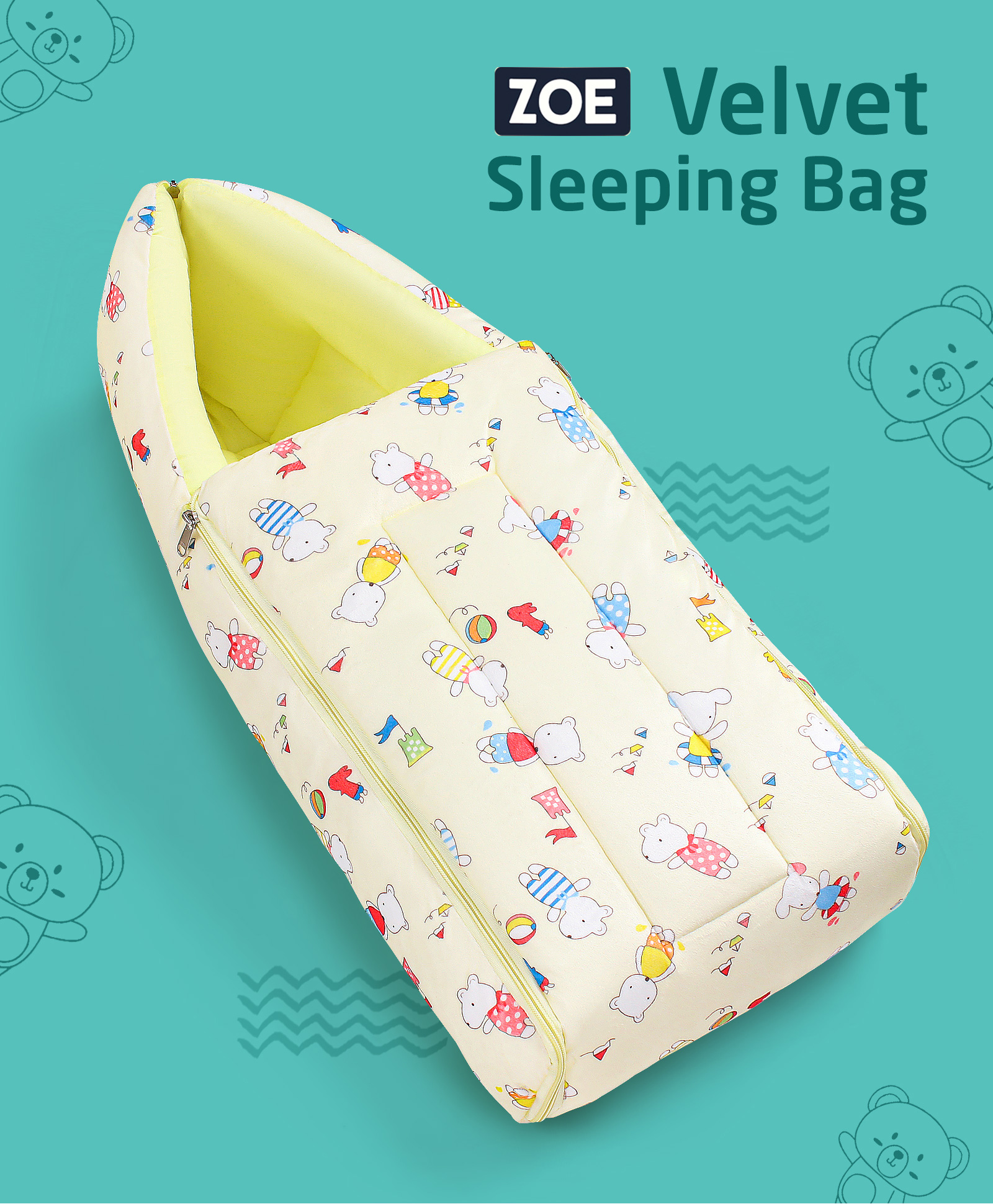 Zoe Velvet 3 in 1 Baby Carry Nest Cum Sleeping Bag Puppy Print- Yellow-picture-33