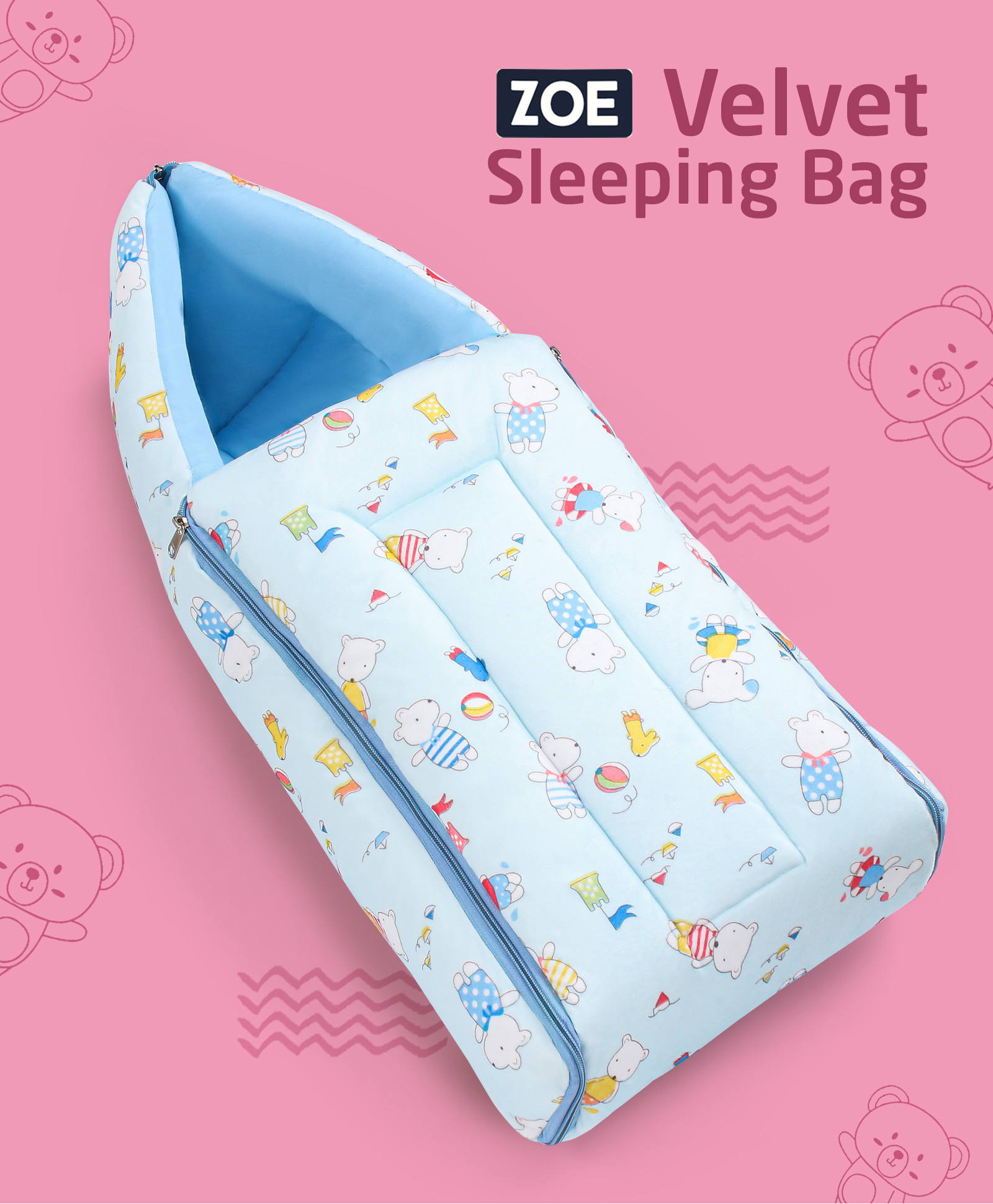Zoe Velvet 3 in 1 Baby Carry Nest Cum Sleeping Bag Puppy Print- Blue-picture-0