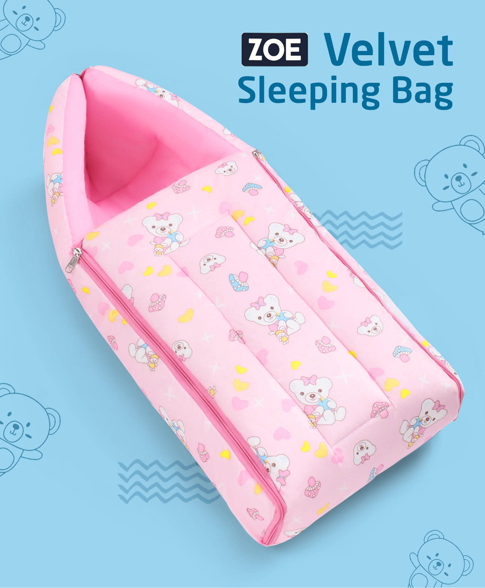 Zoe Velvet 3 in 1 Baby Carry Nest Cum Sleeping Bag Teddy Print- Pink-image-24