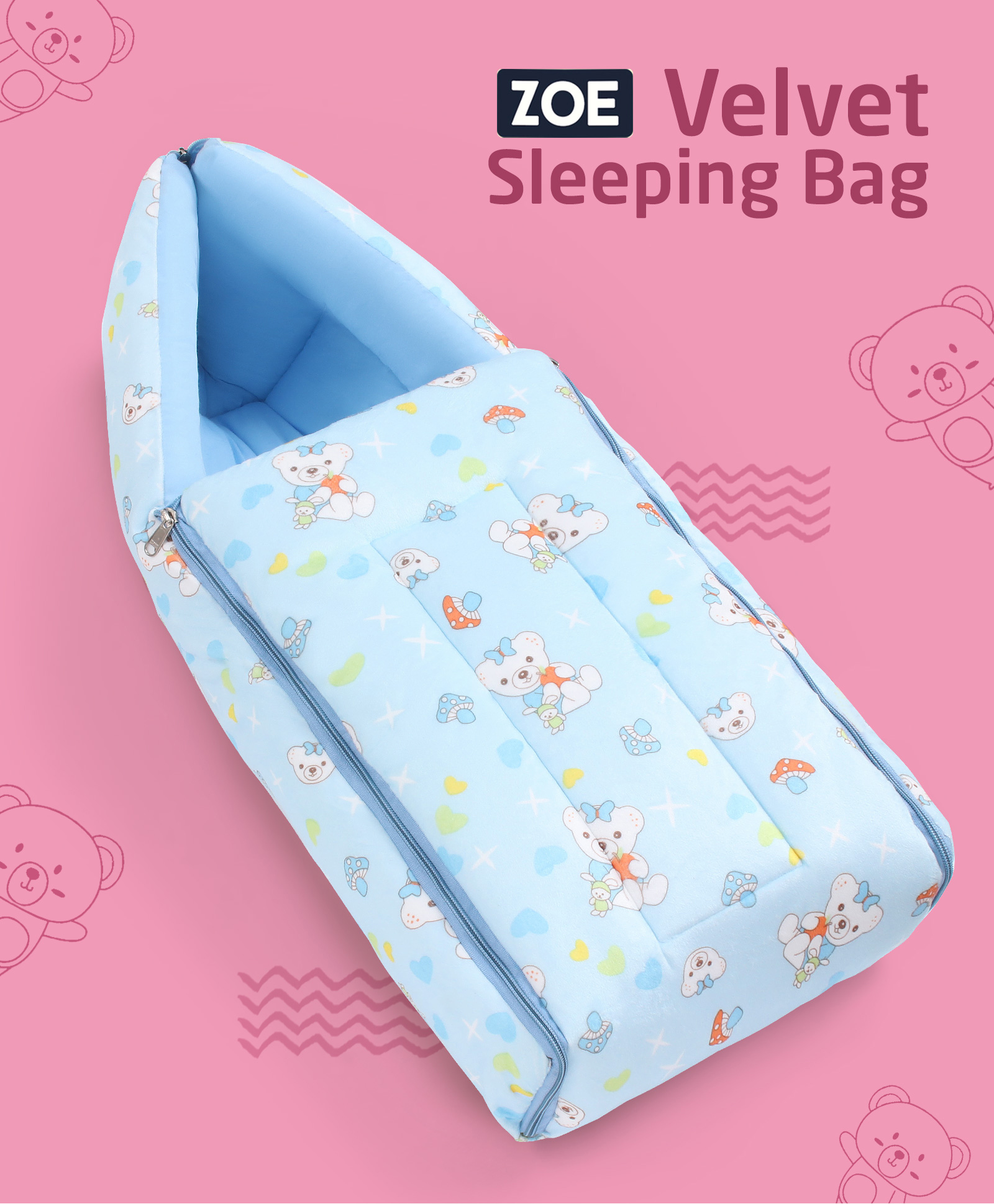 Zoe Velvet 3 in 1 Baby Carry Nest Cum Sleeping Bag Teddy Print- Blue-picture-20