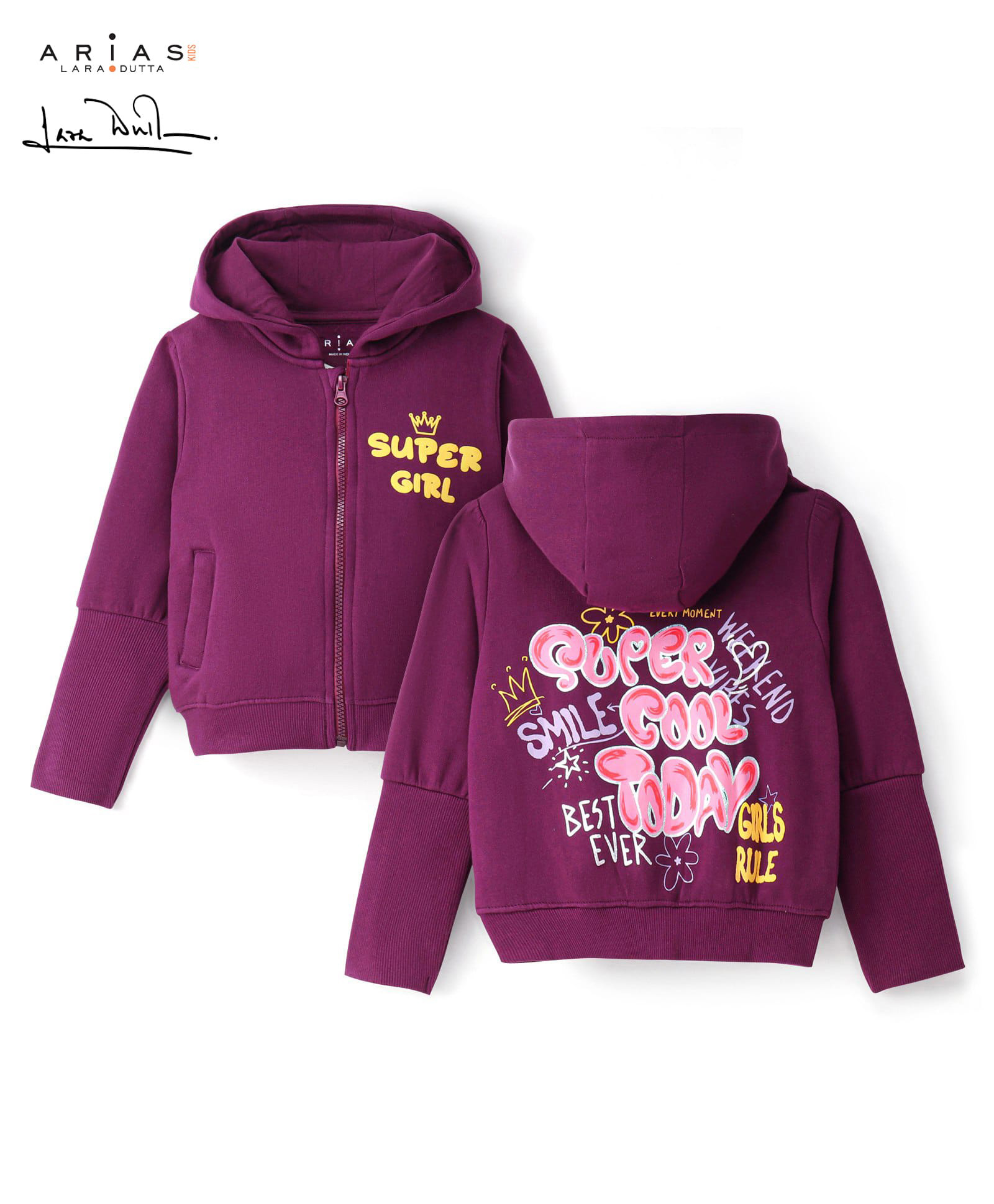 arias by lara dutta Arias Cotton Brushed Knit Full Sleeves Hooded Sweatshirt with HD Text Print - Purple-picture-37