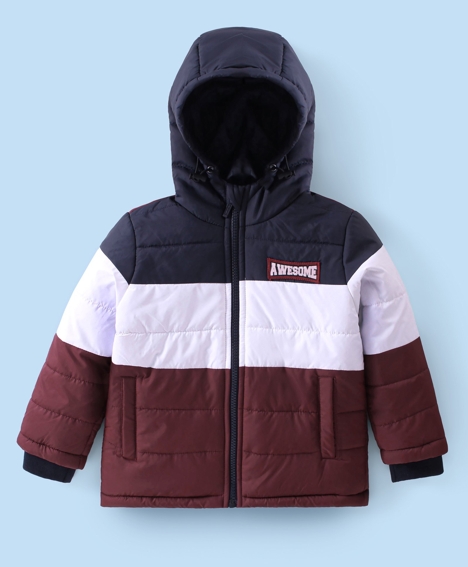 Babyhug Full Sleeves Padded & Hooded Jacket Color Block With Text Embroidery- Blue Maroon & White-image-18