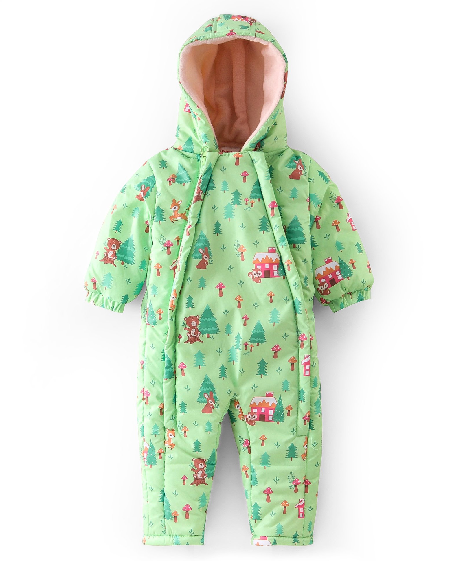 Babyhug Full Sleeves Winter Wear Hooded Romper Woods Print - Lime Green-image-5