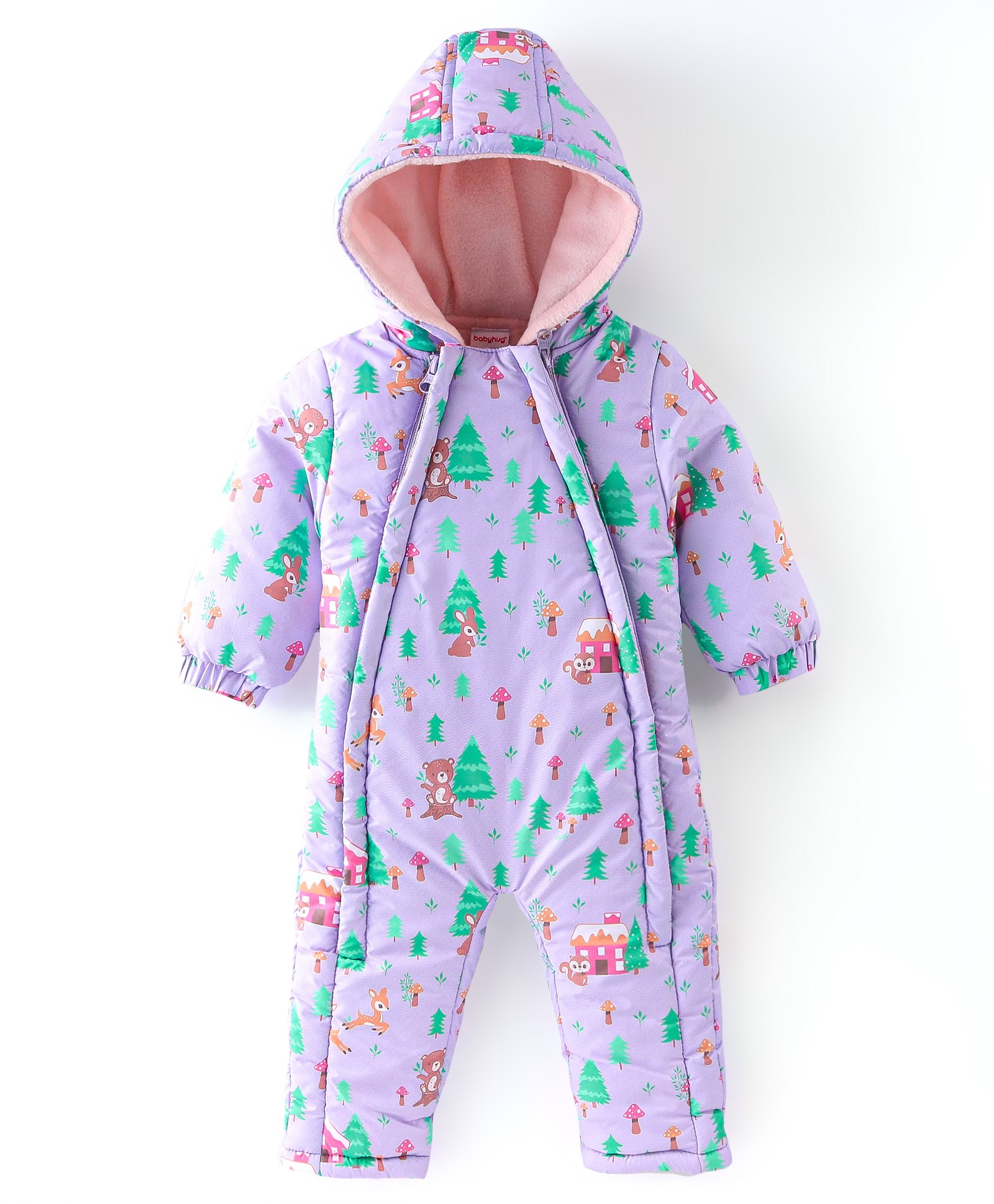 Babyhug Full Sleeves Winter Wear Hooded Romper Animal Print - Purple-image-44