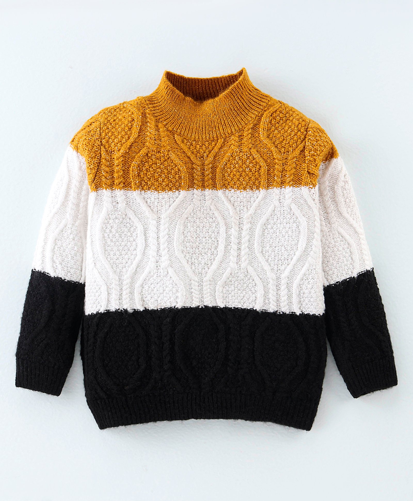 Yellow Apple Knitted Full Sleeves Sweater With Cable Knit - White  & Mustard-image-11