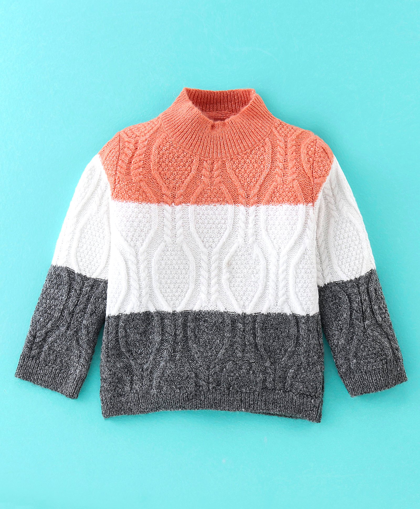 Yellow Apple Knitted Full Sleeves Sweater With Cable Knit - White  & Peach-image-30