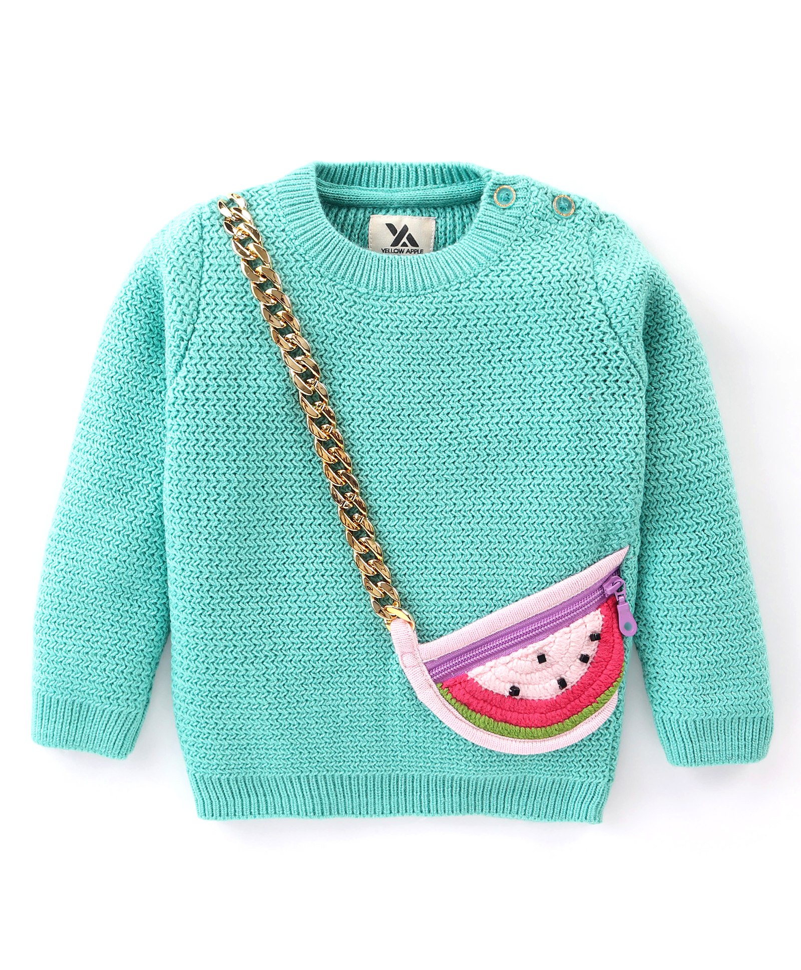 Yellow Apple Full Sleeves Sweater With Chain Applique Solid Colour - Blue-image-40