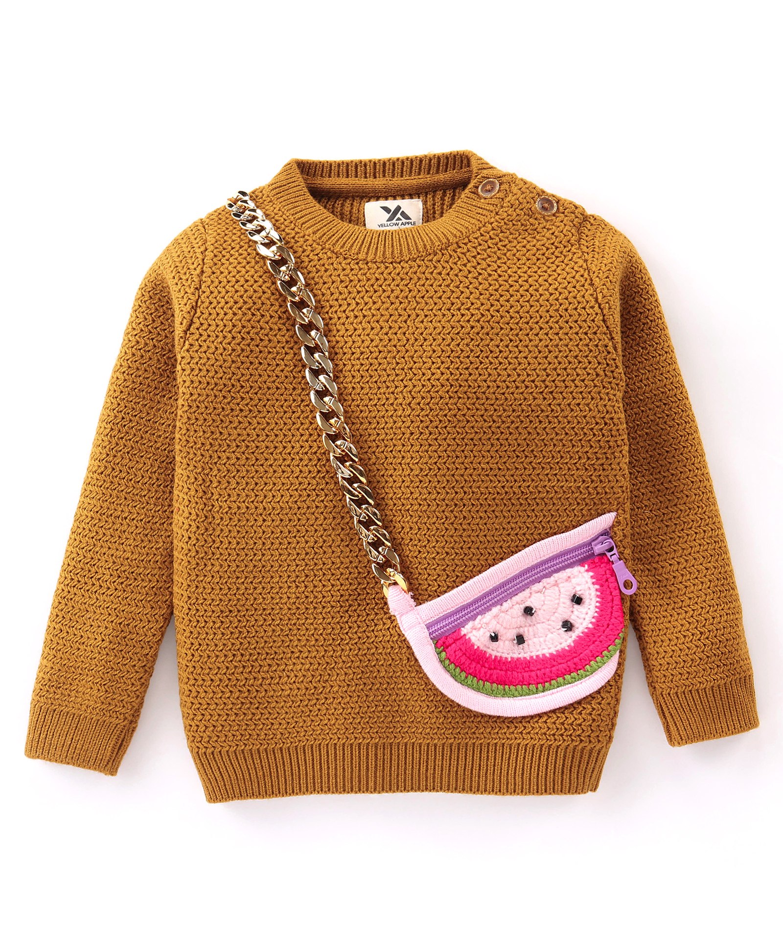 Yellow Apple Full Sleeves Sweater With Chain Applique Solid Colour - Brown-image-26