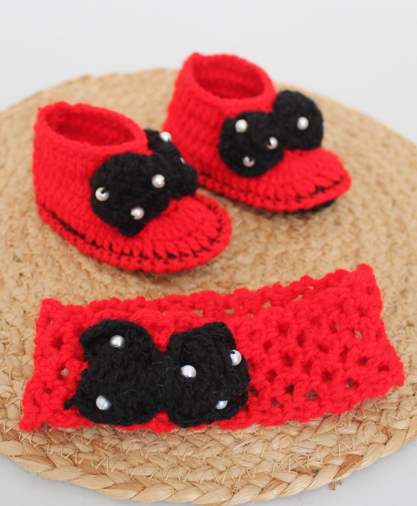 Woonie Crochet Bow Detailed & Pearl Embellished Booties With  Headband - Red-picture-27