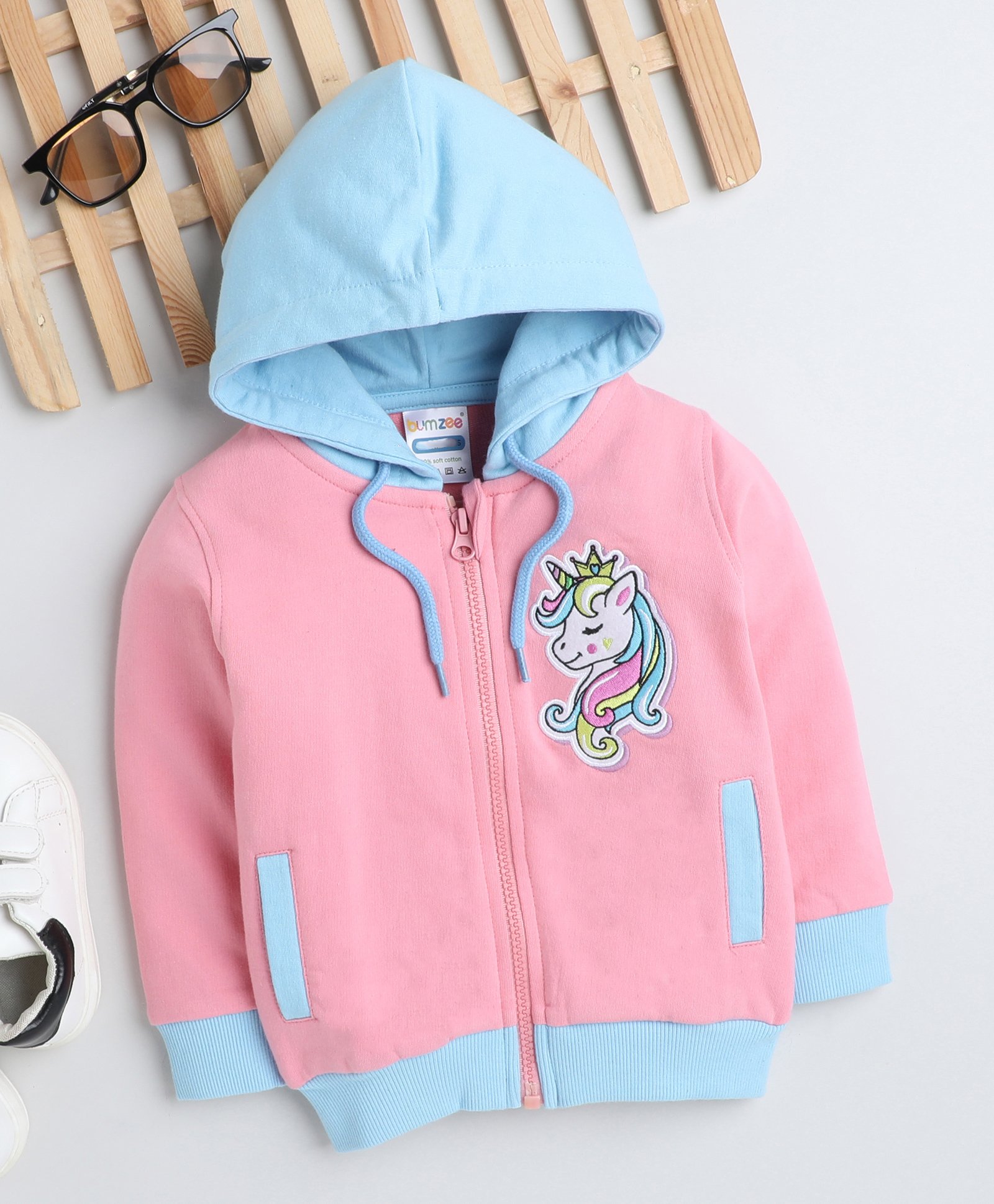BUMZEE Full Sleeves Unicorn Embroidered Hooded Sweatshirt - Baby Pink-image-46