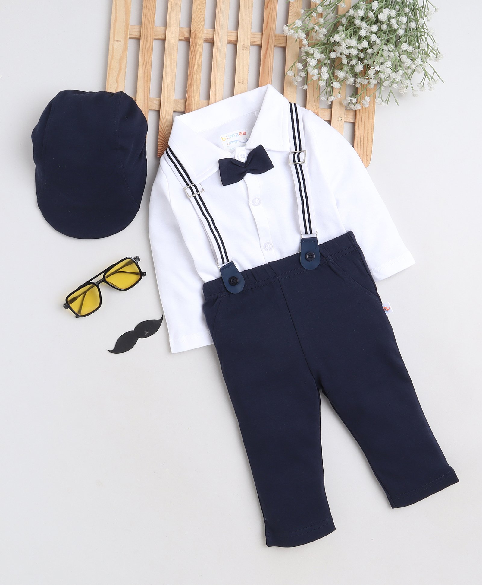 BUMZEE Full Sleeves Solid Shirt &   Bottom 4 Piece Set  - Navy Blue & White-picture-5