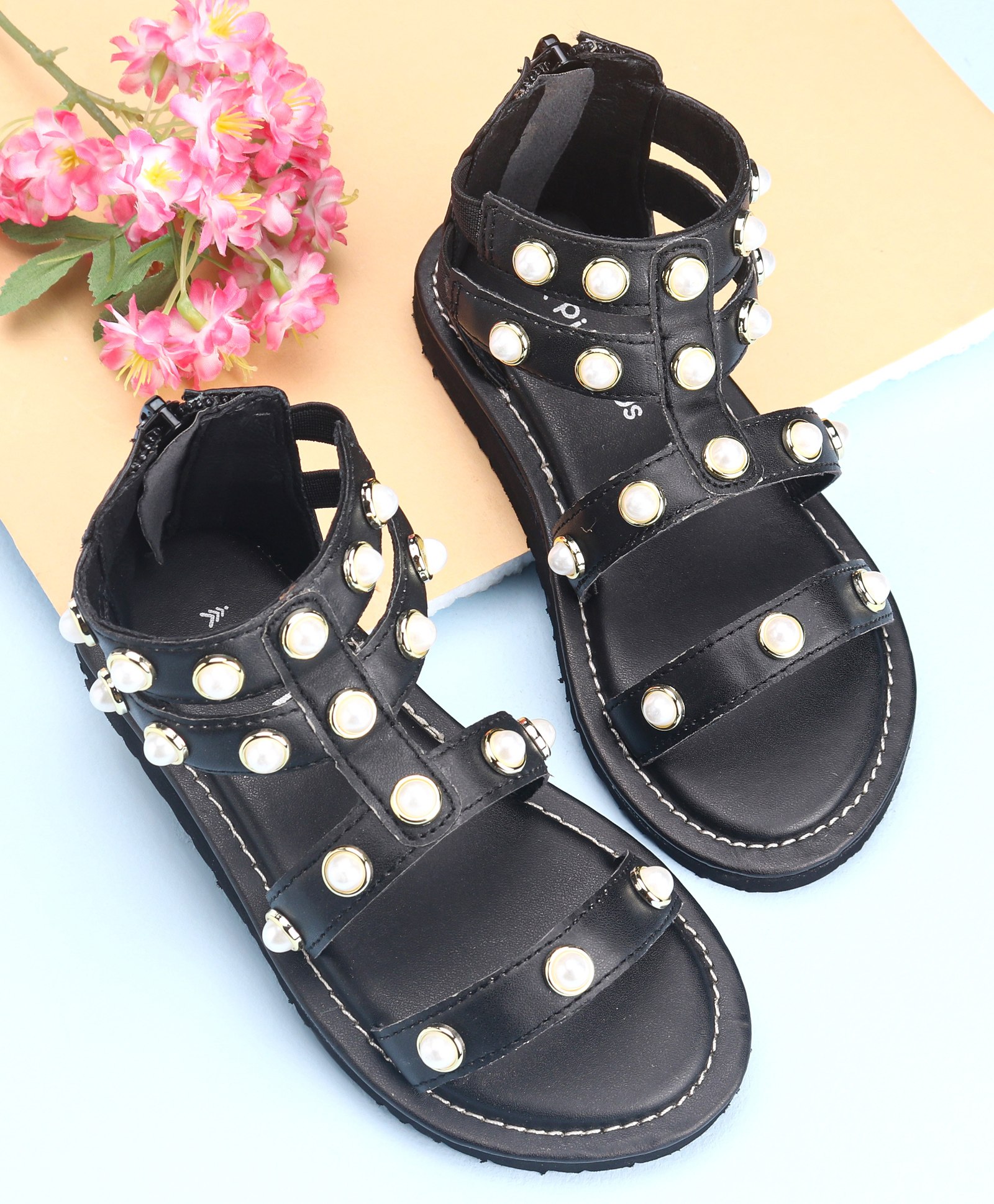 Pine Kids Zipper Closure Studded Sandals - Black-image-46