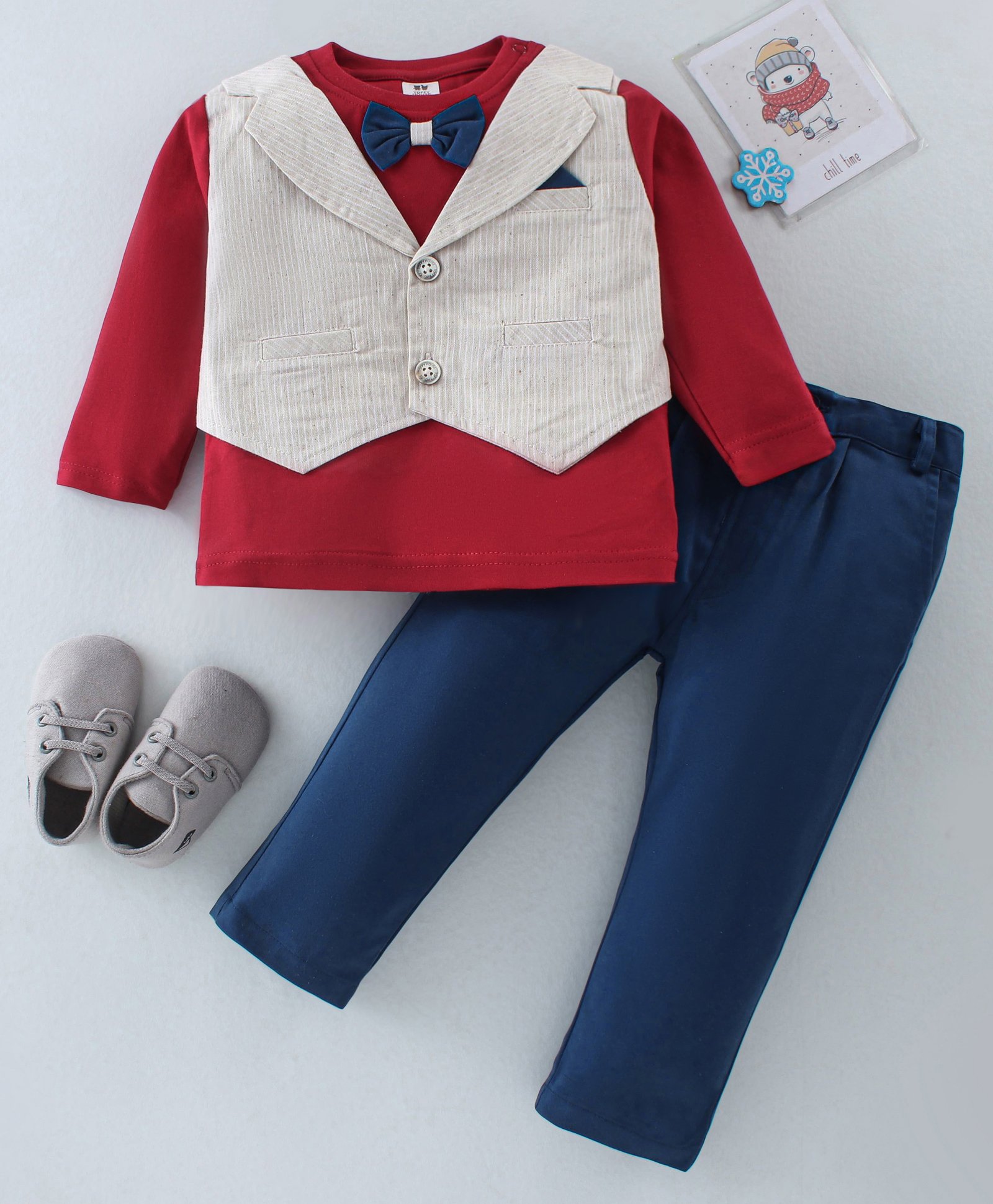 ToffyHouse 100% Cotton Full Sleeves T-Shirt & Trouser Set  Striped with Bow - Red & Blue-image-23