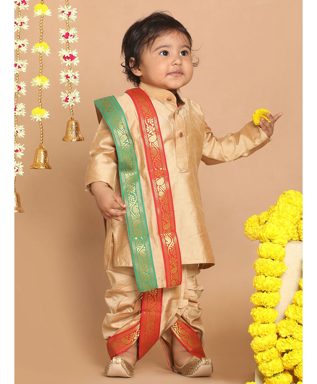 VASTRAMAY SISHU Full Sleeves Solid K Kurta Dhoti And Foil Laced Printed Dupatta - Rose Gold-image-7