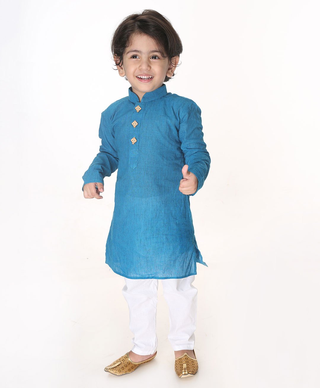 Vastramay Pure Cotton Full Sleeves Solid  Kurta Pyjama Set - Aqua Blue And White-image-32