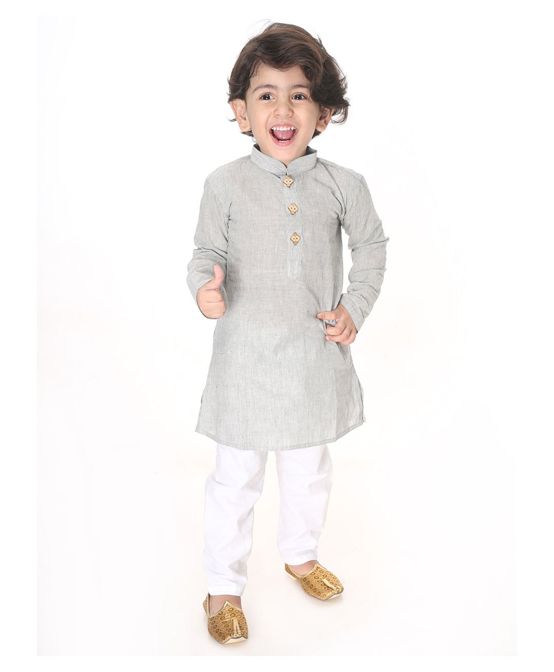 Vastramay Pure Cotton Full Sleeves Solid  Kurta Pyjama Set -  Grey And White-image-43