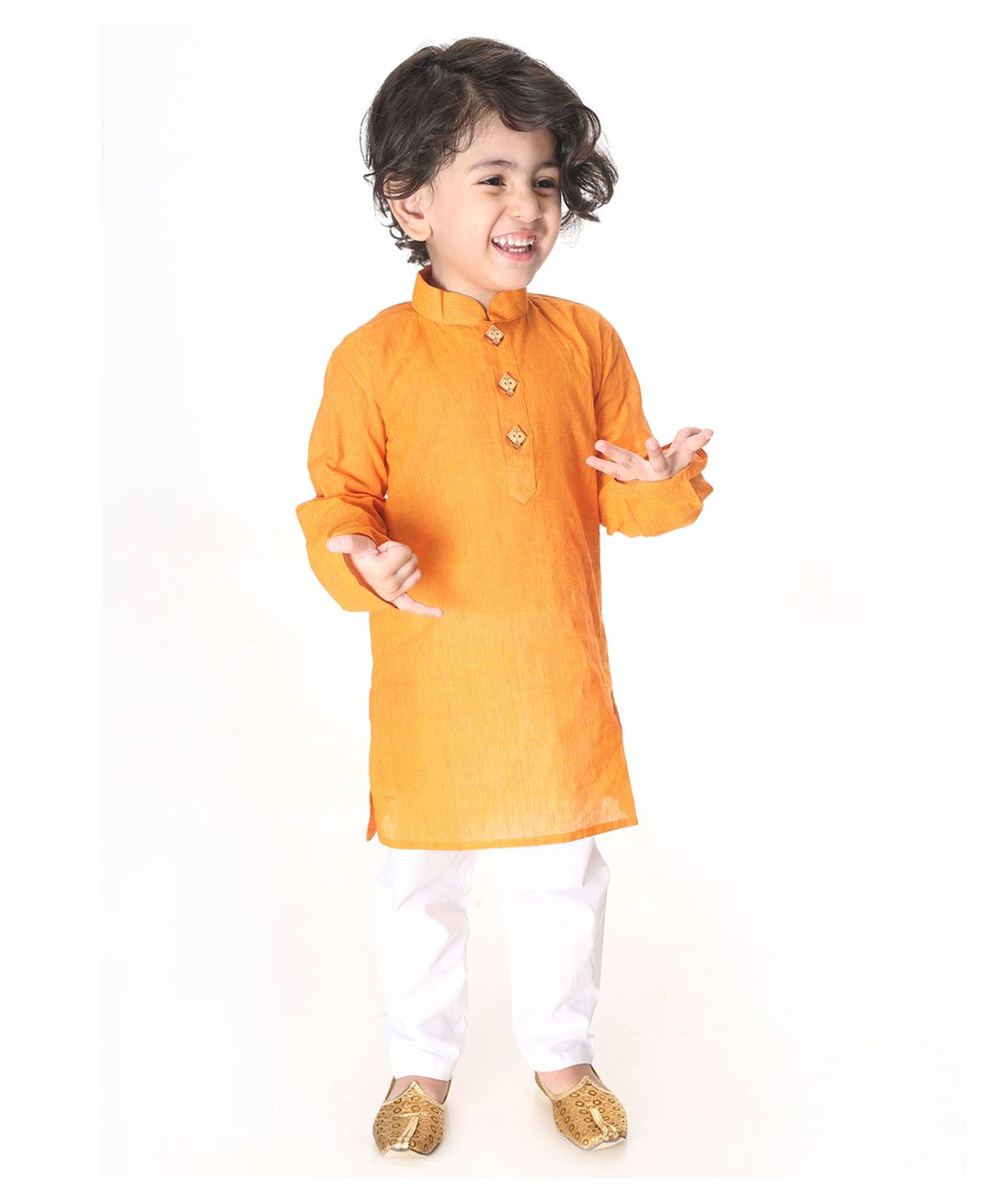 VASTRAMAY SISHU Pure Cotton Full Sleeves Solid  Kurta Pyjama Set -Mustard Yellow And White-picture-26
