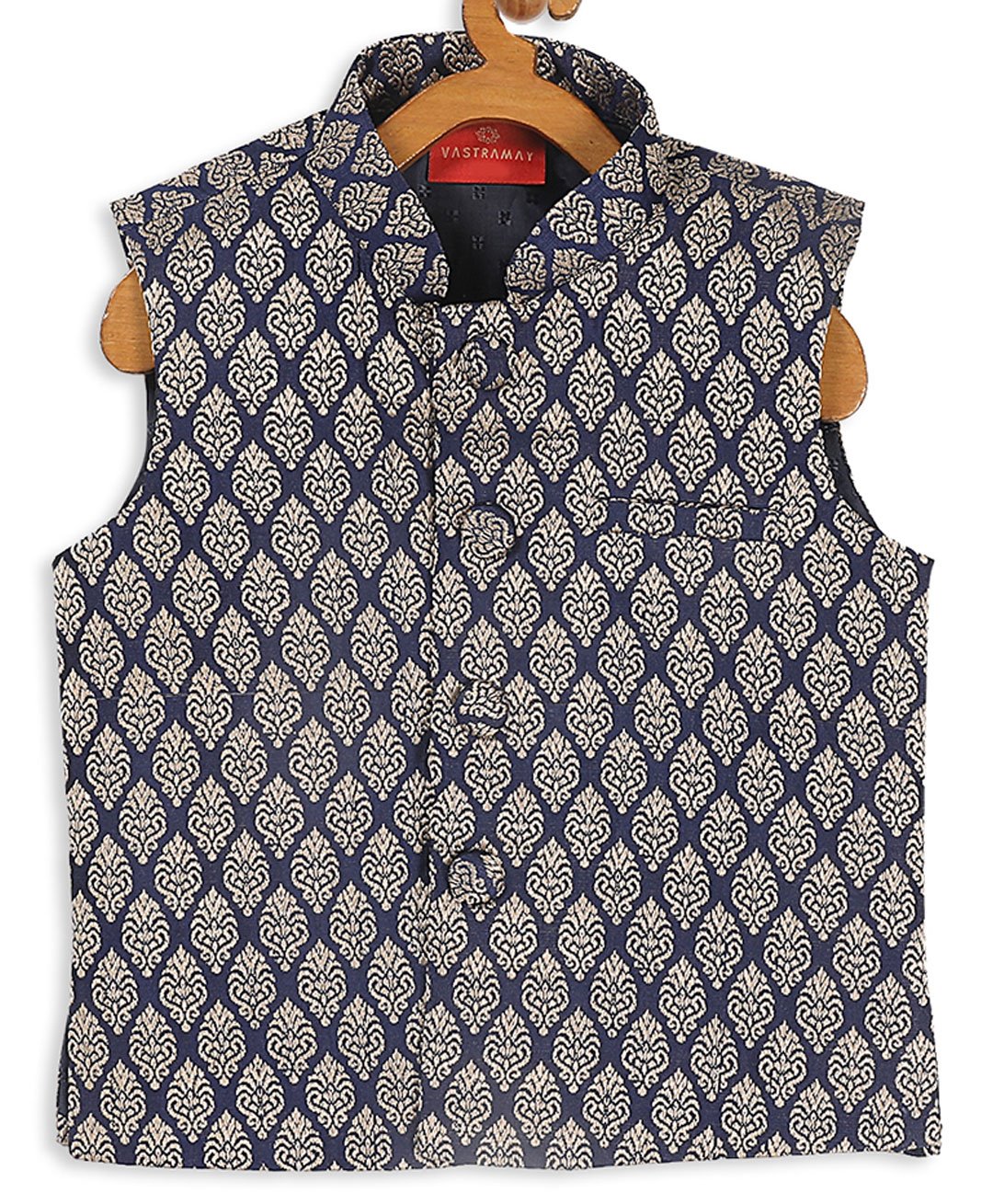 Vastramay Silk Sleeveless Damask Motif Printed Nehru Jacket - Blue-image-9