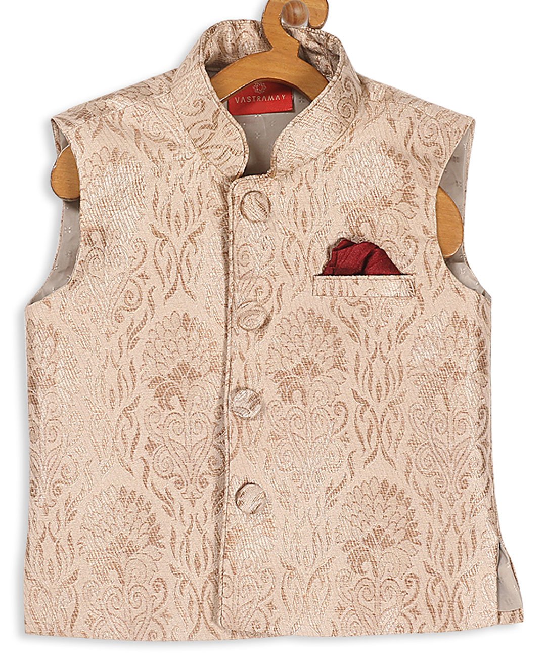 VASTRAMAY SISHU Silk Damask Motif Foil Printed Nehru Jacket - Rose Gold-image-30