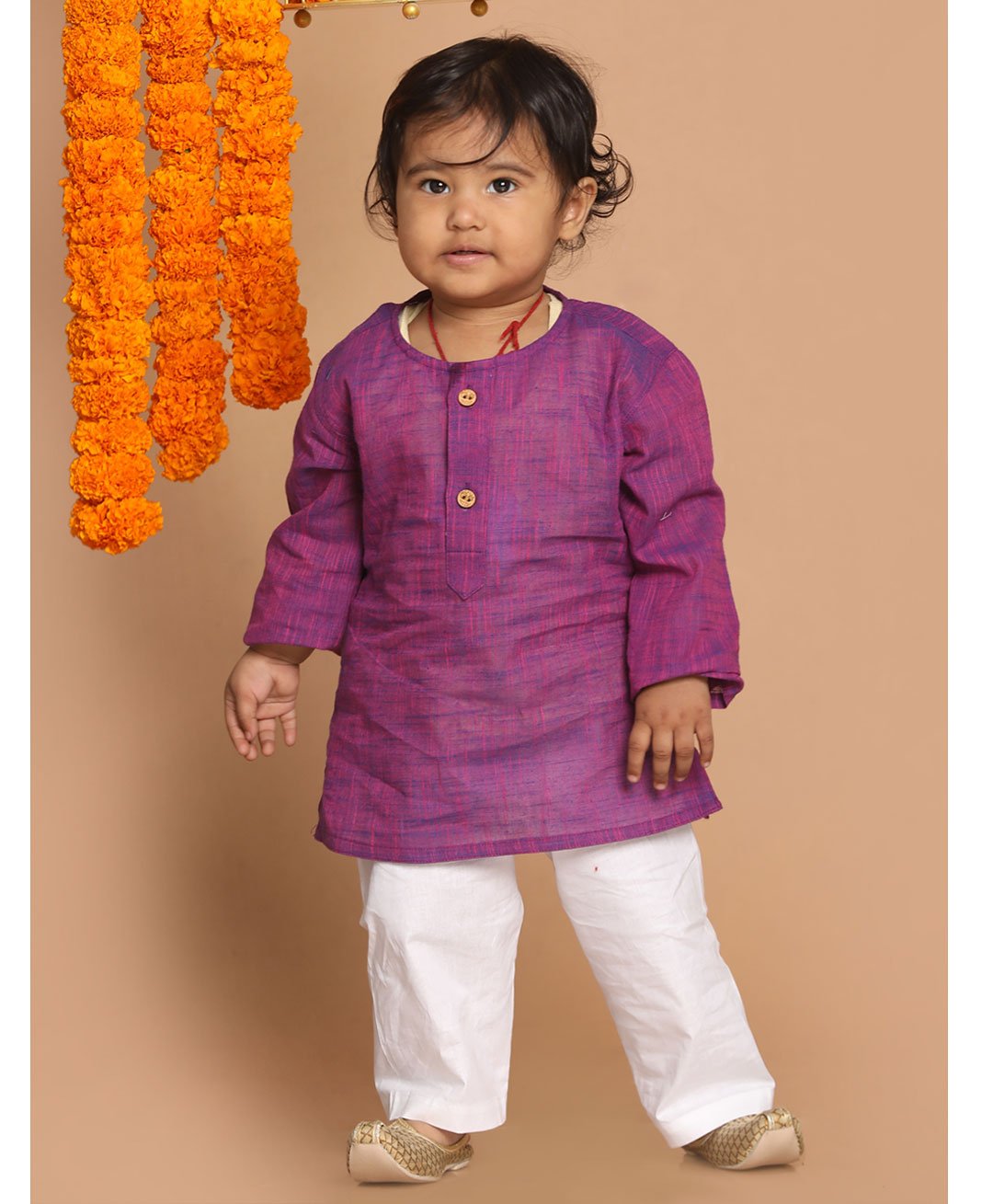 Vastramay Pure Handloom Cotton Full Sleeves Solid Kurta &  Pyjama - Purple & White-image-40