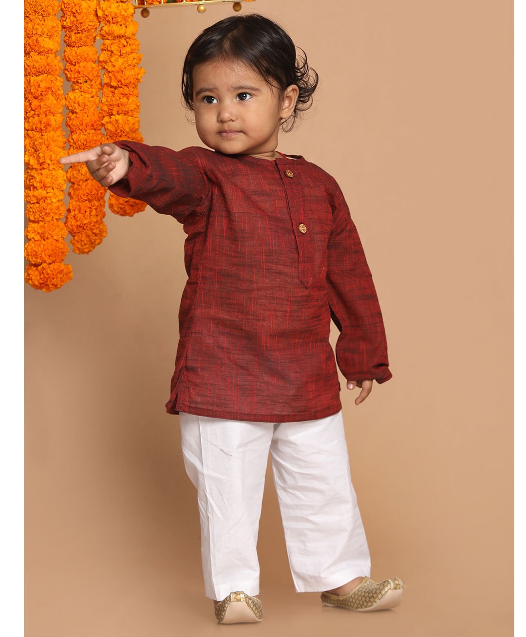 VASTRAMAY SISHU Pure Handloom Cotton Full Sleeves Solid Kurta & Pyjama - Maroon & White-picture-35