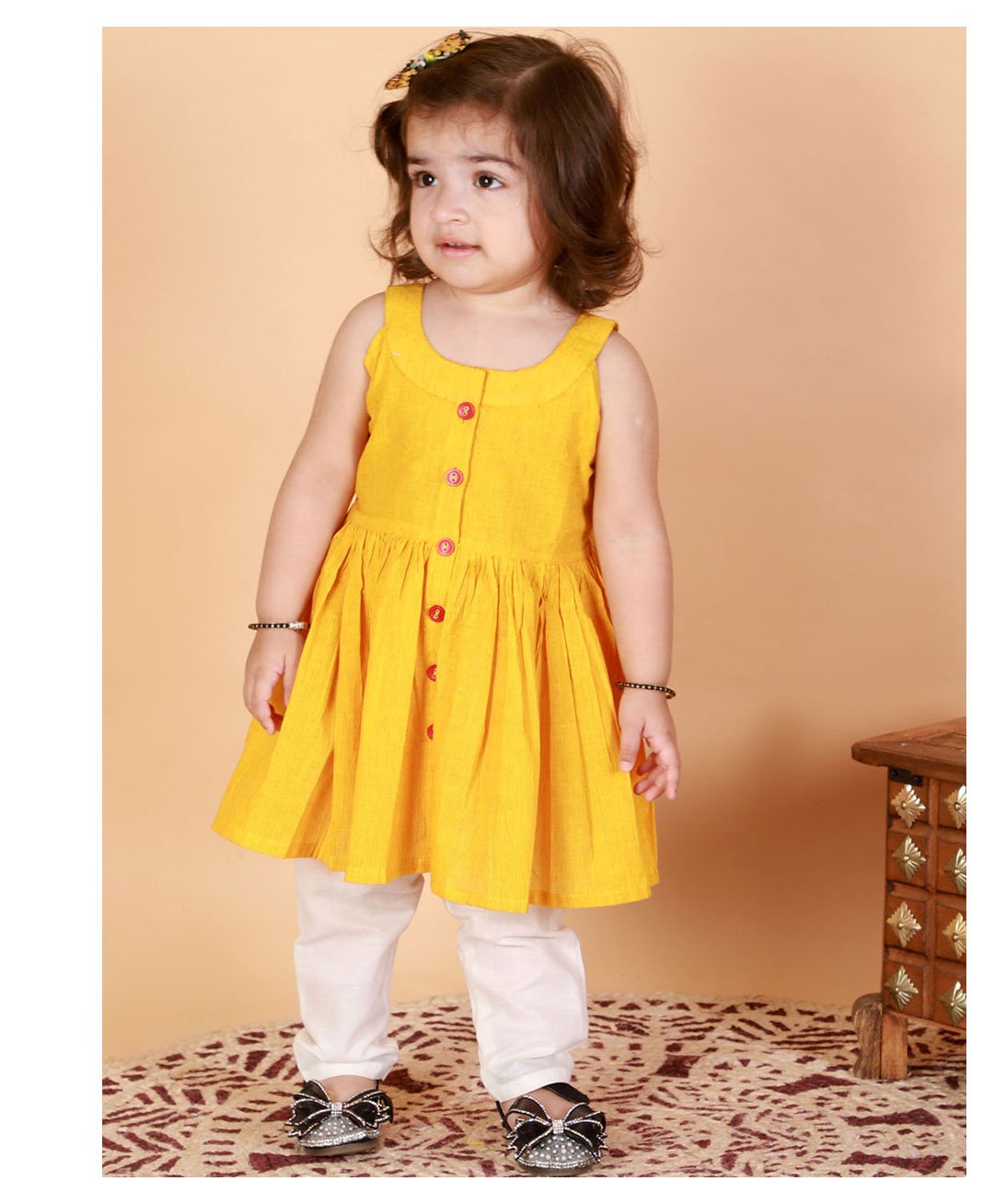 Vastramay Handloom Cotton Sleeveless Striped  Kurta & Pant -Mustard Yellow &  Cream-image-4