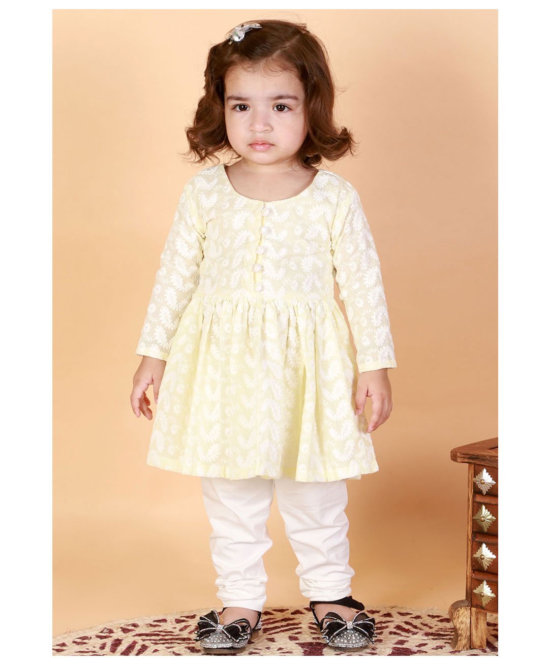 Vastramay Full Sleeves Chikankari  Kurta & Leggings -Yellow & White-picture-14