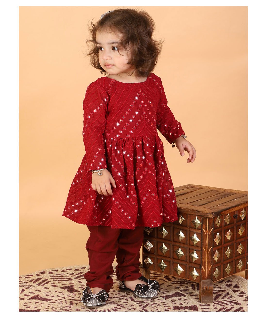 VASTRAMAY SISHU Georgette Full Sleeves Mirror Work Detailed Kurta & Churidar Set - Maroon-picture-37