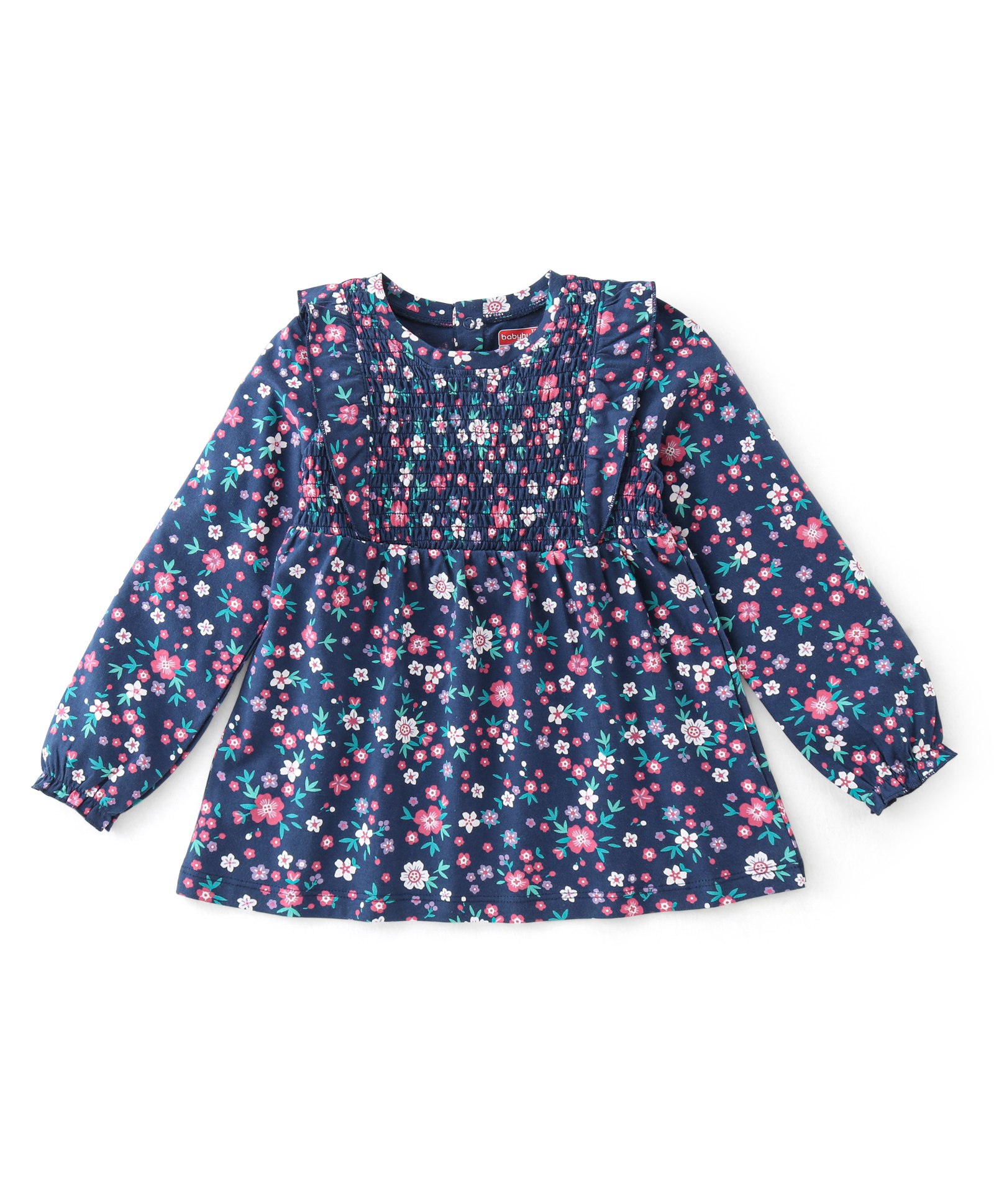 Babyhug Cotton Knit Full Sleeves Printed Top with Frill Detailing Floral Printed - Navy Blue-image-3