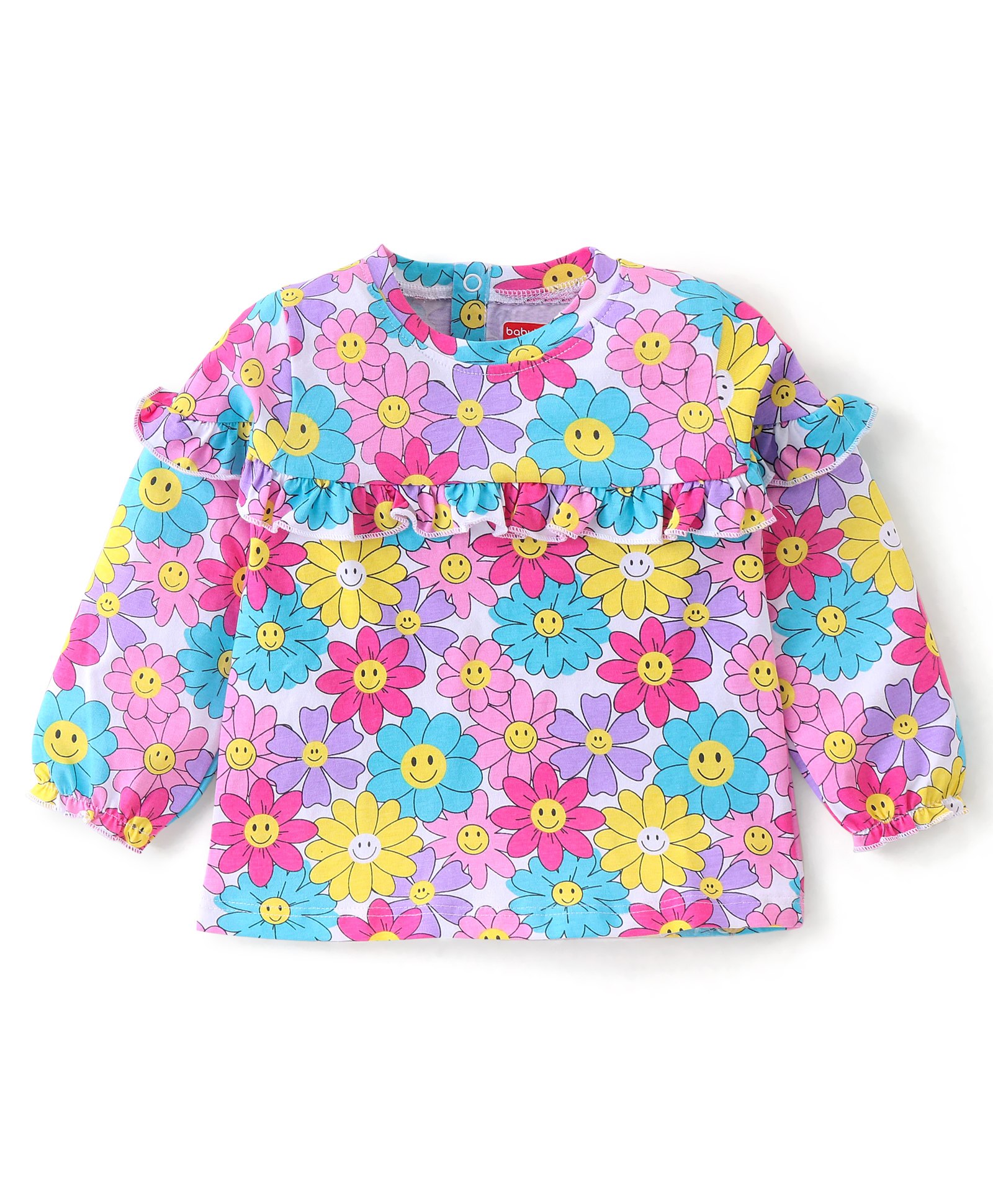 Babyhug Cotton Knit Full Sleeves Tee  & Frill Detailing Floral Print- Pink Purple & Blue-image-43